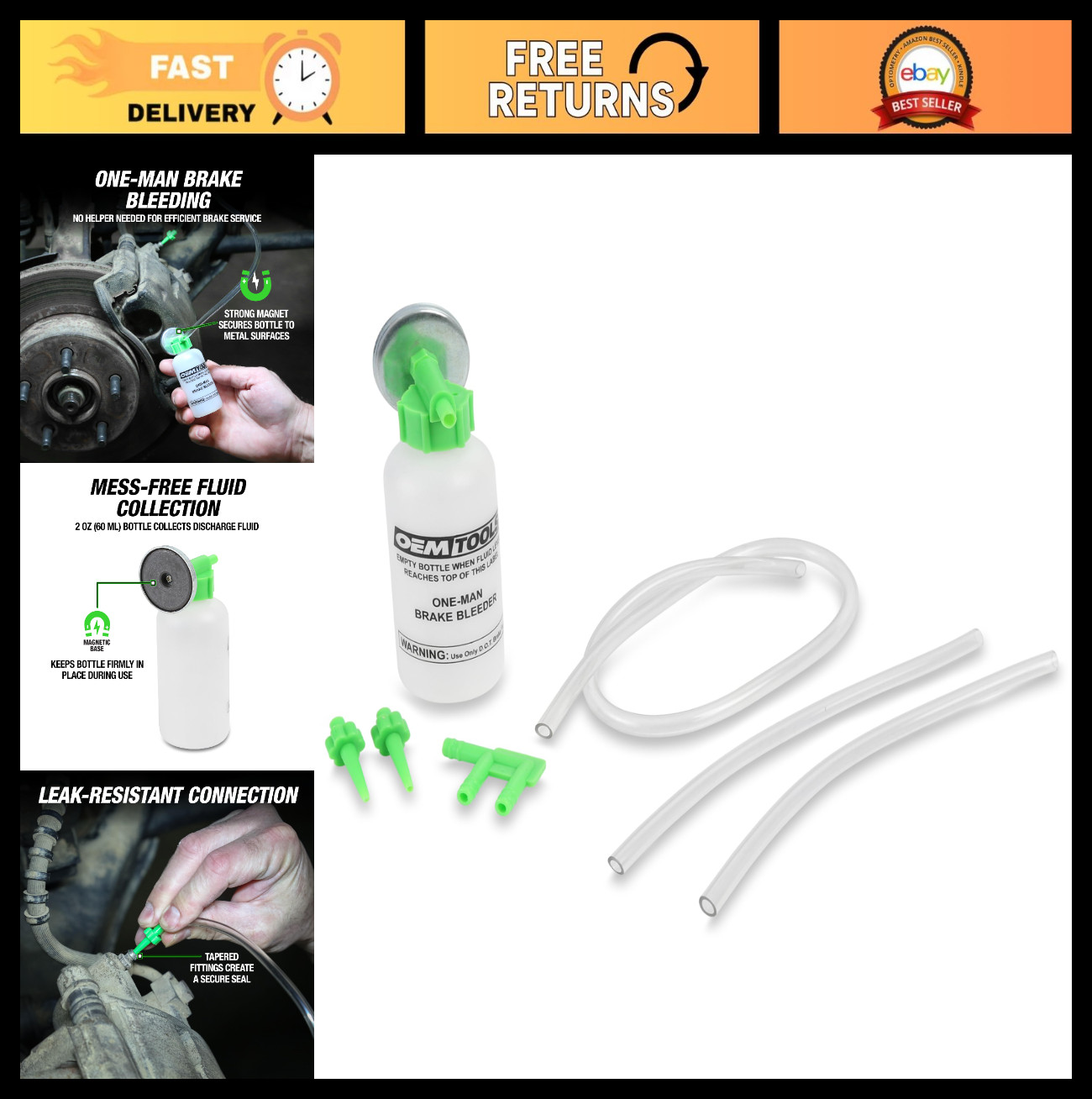 One-Man Brake Bleeder Kit - Opaque Bottle, Transparent Hoses, No Mess Fluid Blee