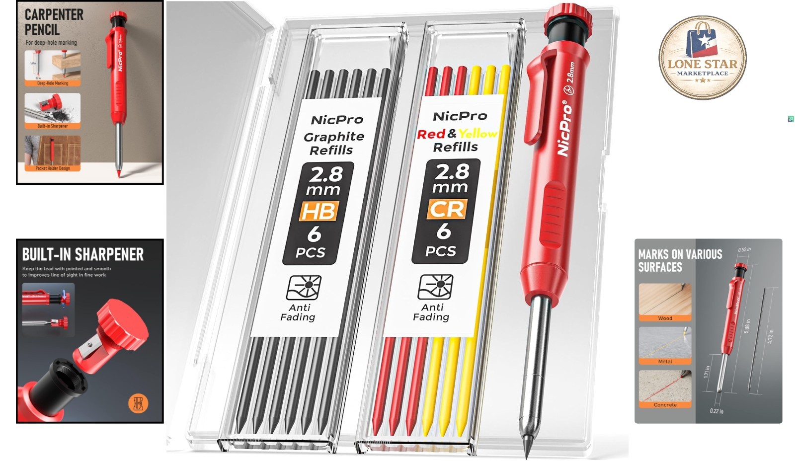 Ergonomic Construction Pencil with Built-in Sharpener & 13 Refills for Craftsmen