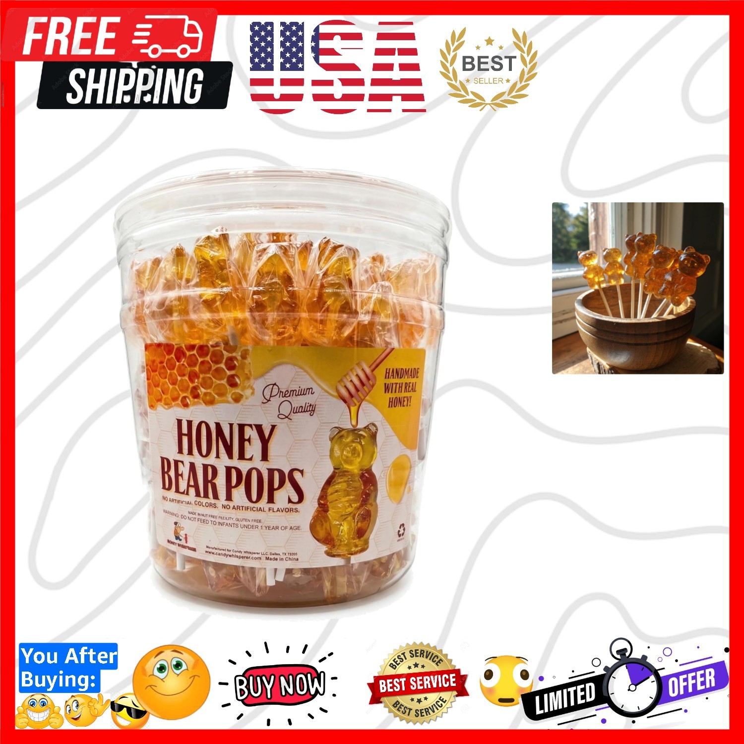 Honey Bear Pops Lollipop Suckers: Individually Wrapped Baby Bear Candy on a S...