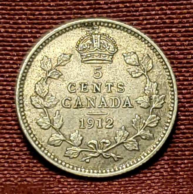 1912 Canadian Silver Five Cent 5C Coin, Free Shipping