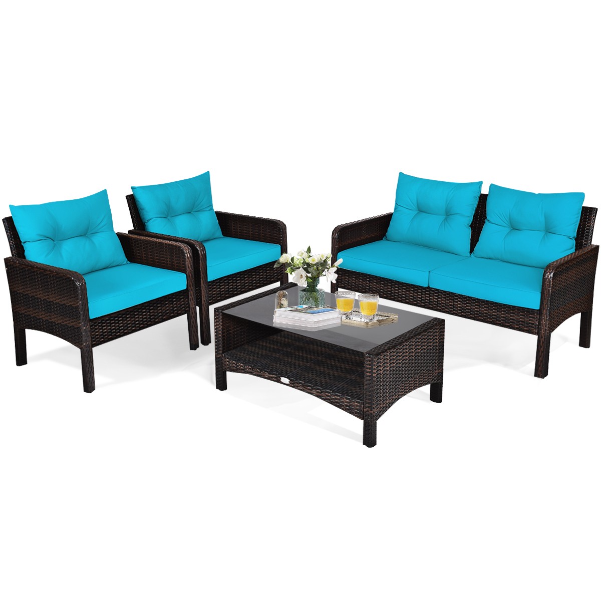 Topbuy 4 PCS Patio Rattan Wicker Loveseat Sofa Coffee Table & Glass Top