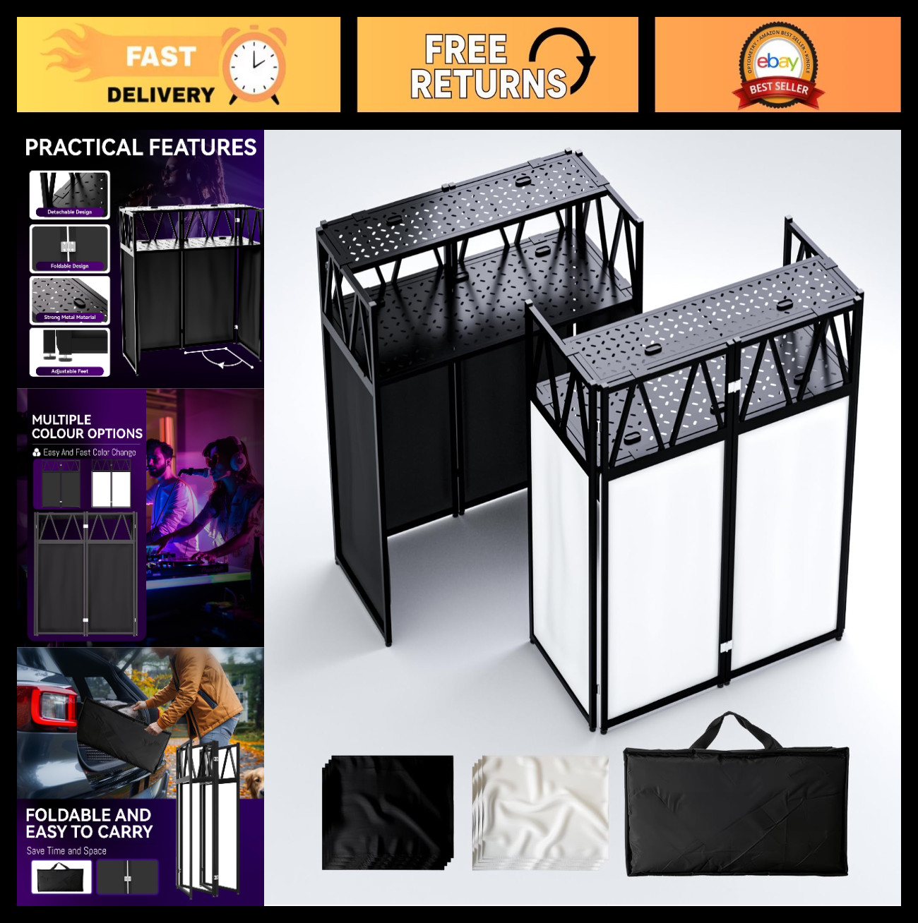 Portable DJ Facade Booth Table - Folding 2-Tier Workstation with Cable Managemen