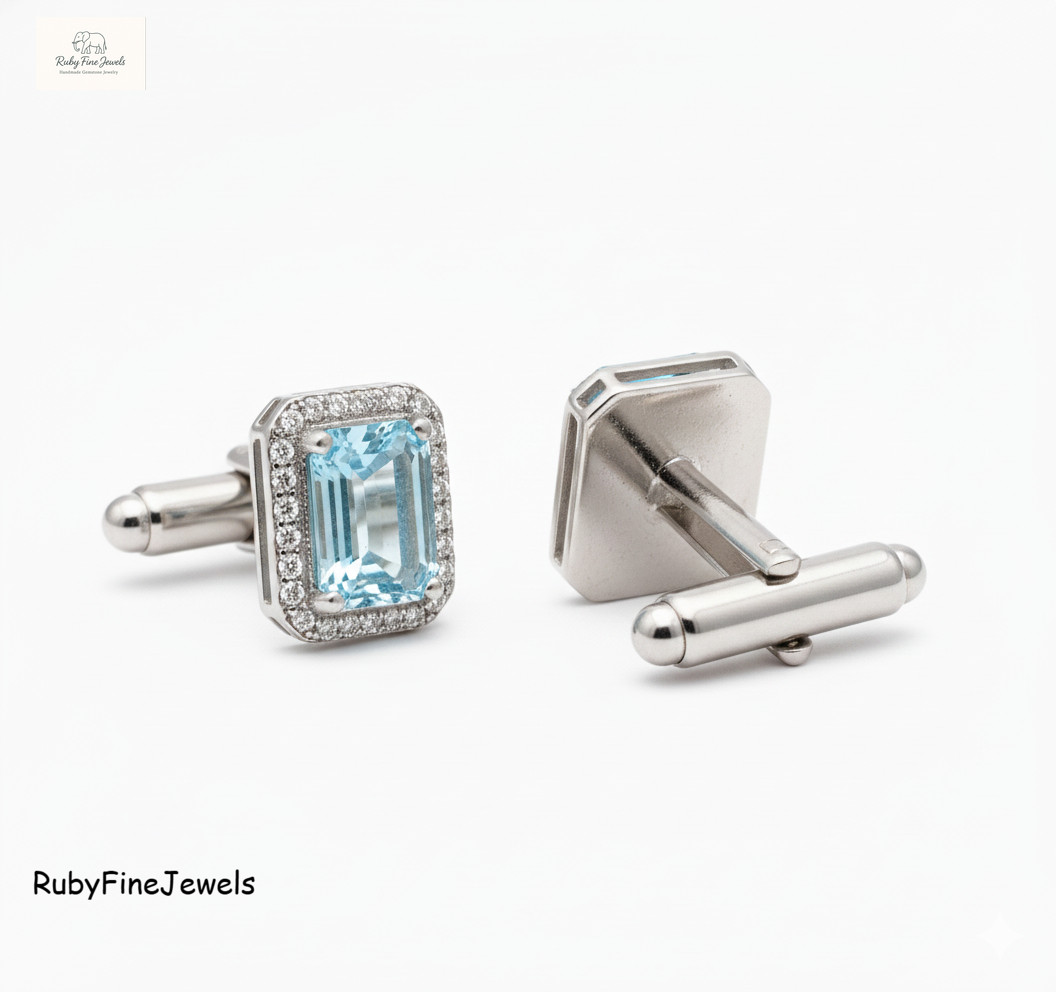 925 Sterling Silver Blue Topaz Halo Cufflinks for Men | Emerald Cut Luxury Gifts