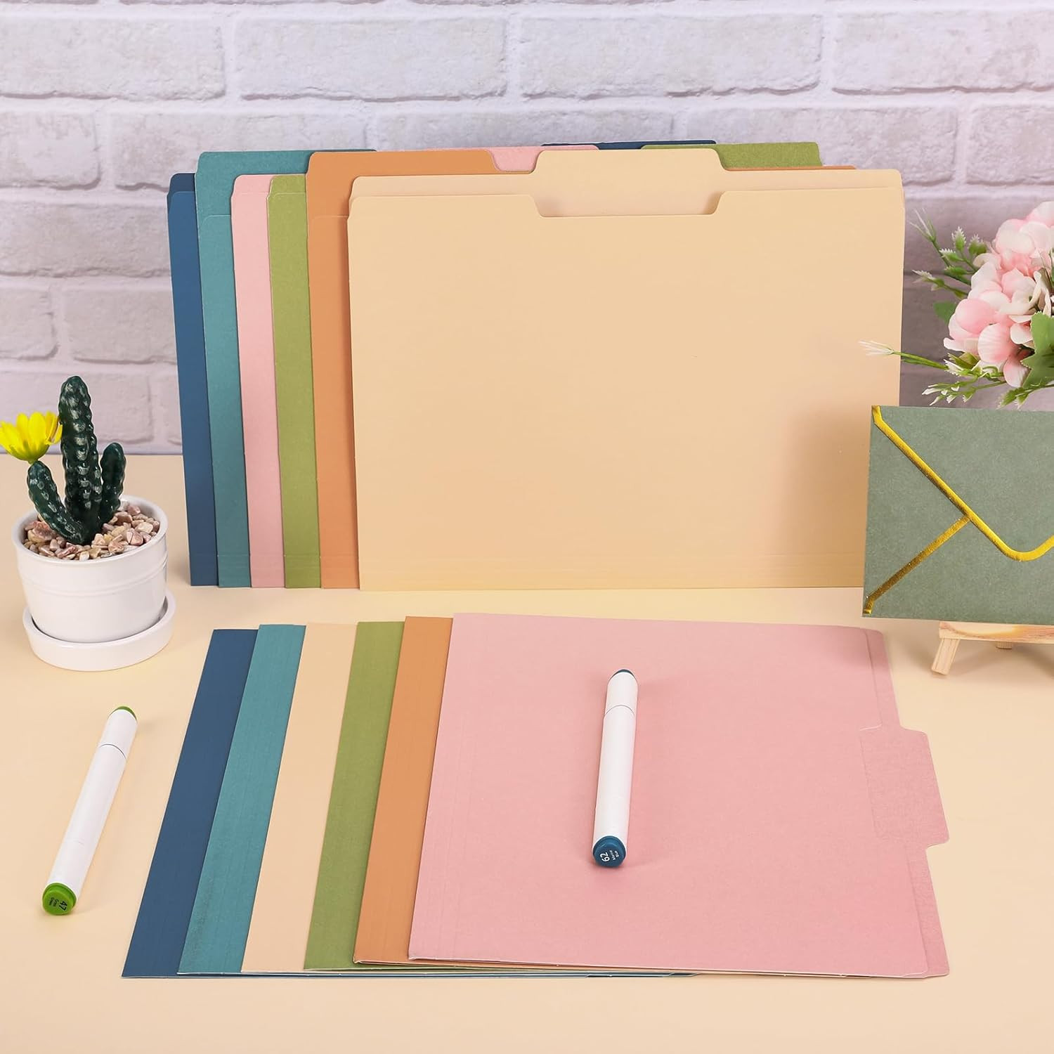 24 Pack Boho Colored File Folders Letter Size 6 Solid Colors File Pockets with 1