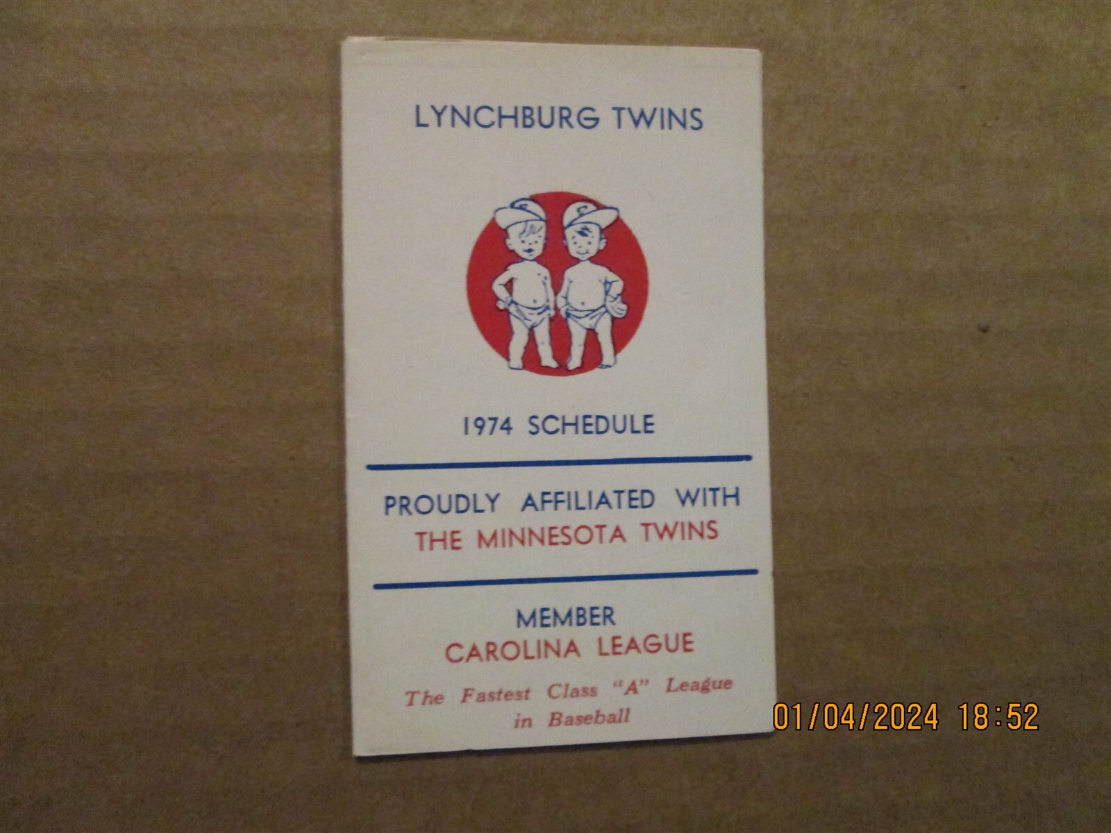 Carolina League Lynchburg Twins Vintage Defunct 1974 Team Logo Pocket Schedule