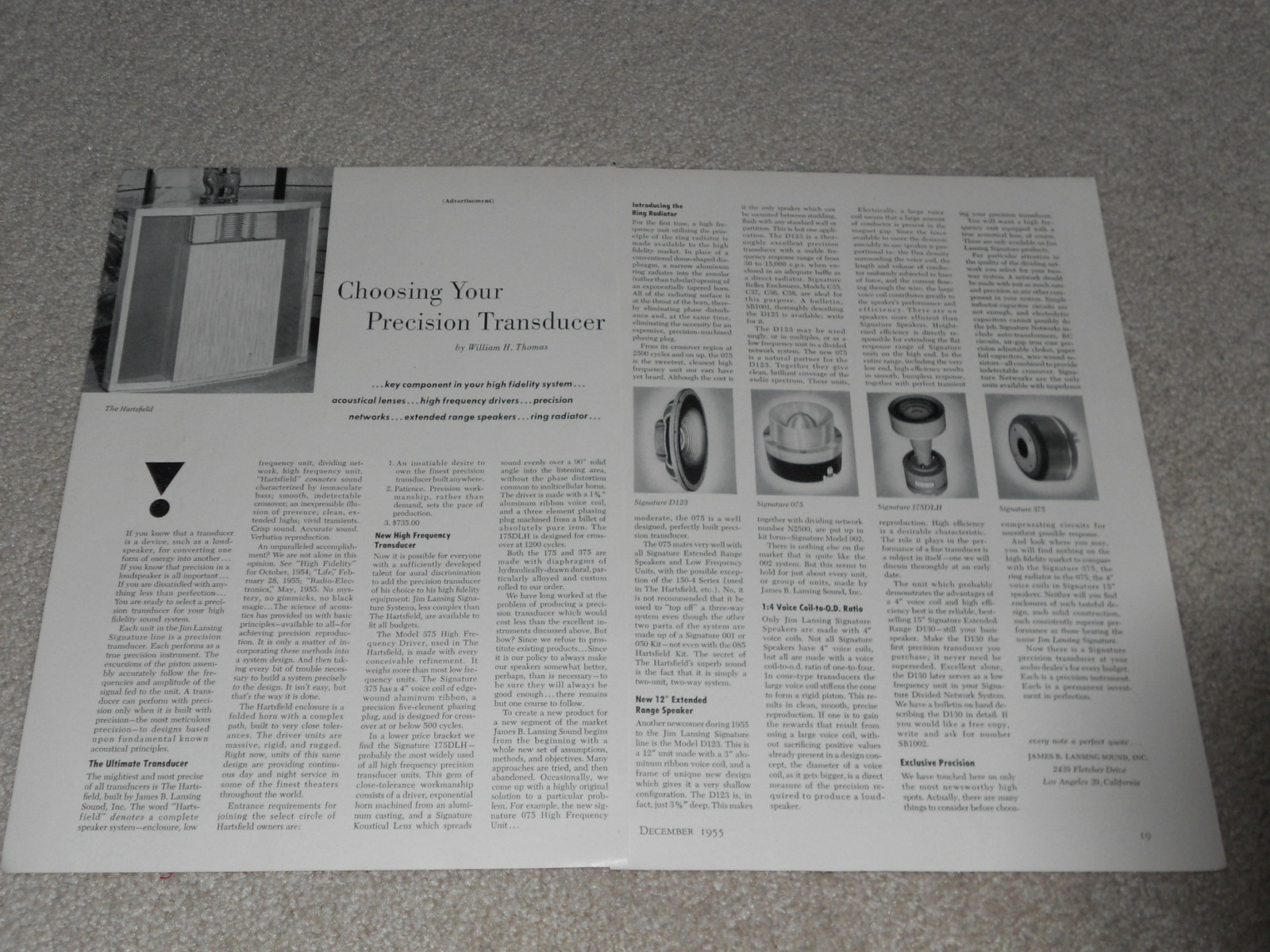 JBL Signature Ad, 2 pg, 1955, 375,175dlh,075,D123, Hartsfield, Articles, Info