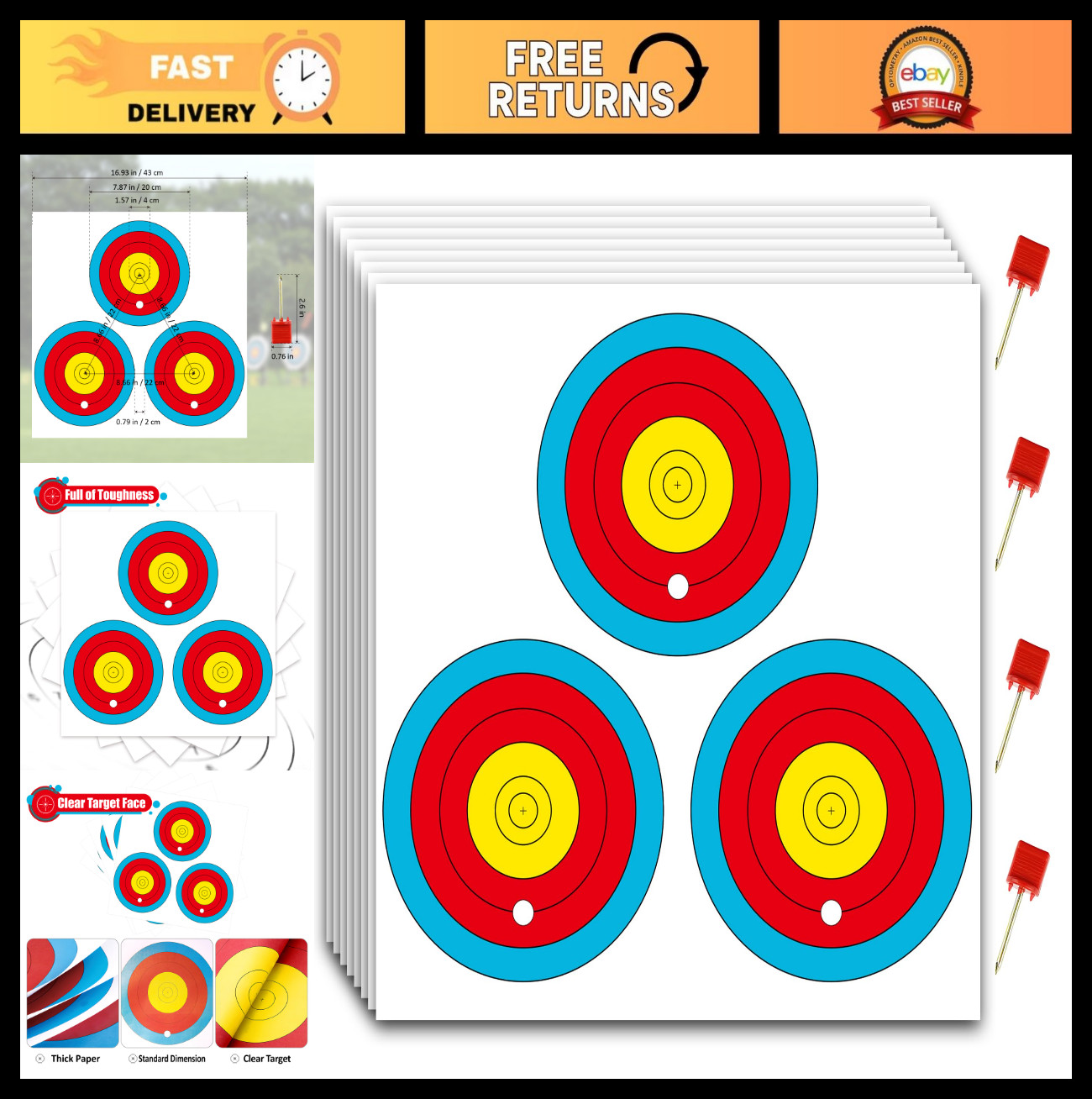3 Spot Archery Targets Paper - 30/50pcs, Includes Target Pins, Bow & Arrow Pract