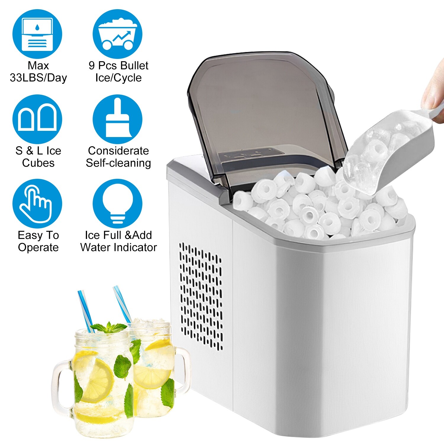 Countertop Ice Maker Machine 33Lbs/24H Self-cleaning with Ice Scoop and Basket
