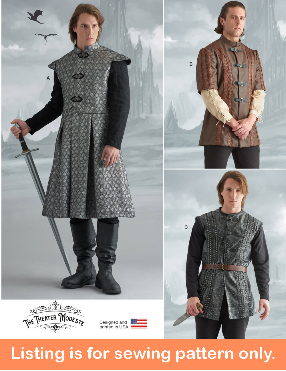 SEWING PATTERN Men Costume Coat Vest Medieval Viking Knight Game of Thrones 9593