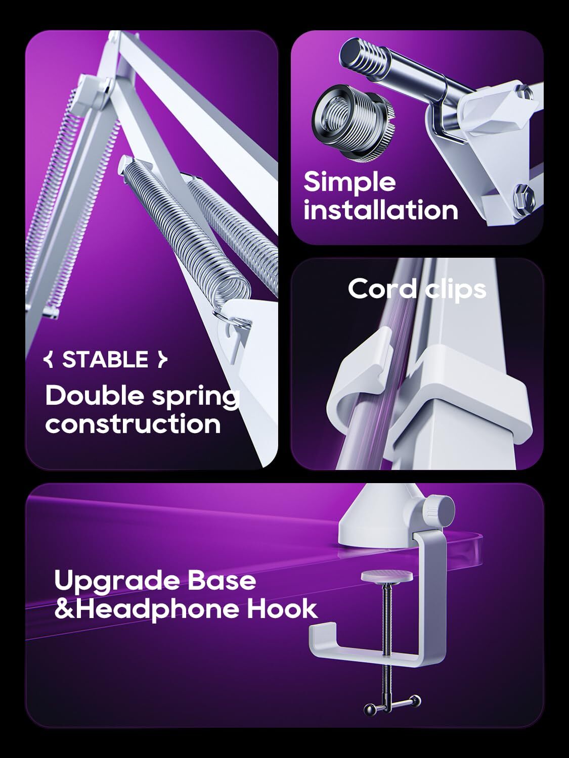 White Boom Arm Mic Stand Foldable Desk Mount for Podcast Recording Adjustable