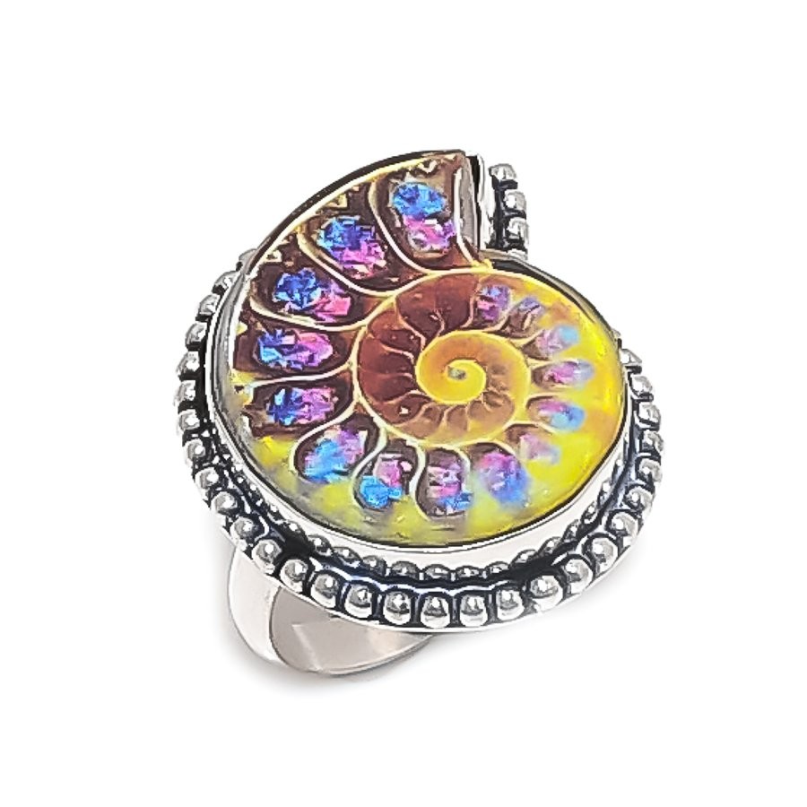 Natural Ammonite Fossil Gemstone 925 Sterling Silver Jewelry Ring Size 8 Gift p3