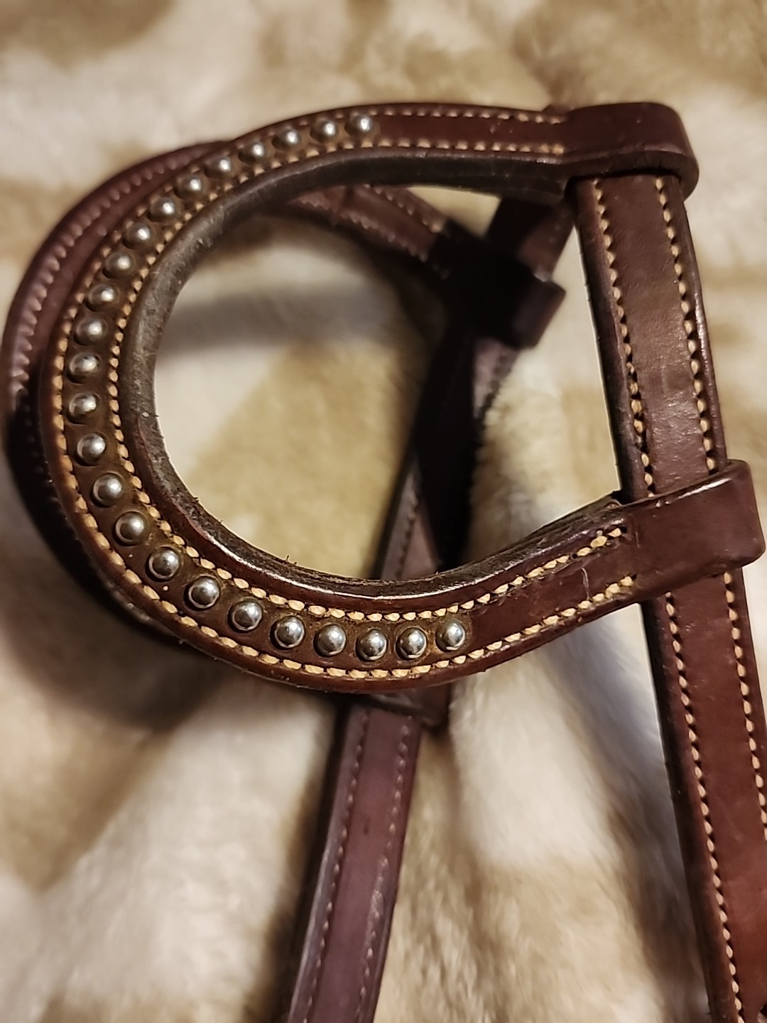 Double Eared Silver Dot Western Bridle Headstall Med Brown Leather EUC