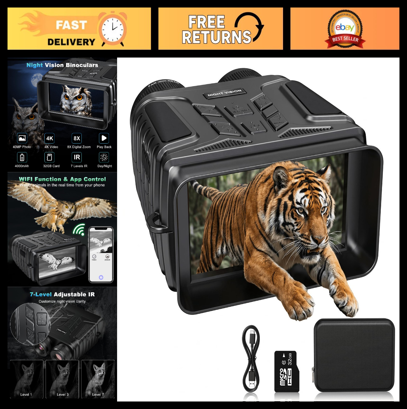 4K Night Vision Binoculars with 4.5'' HD Screen, 8X Zoom, Rechargeable 4000mAh,