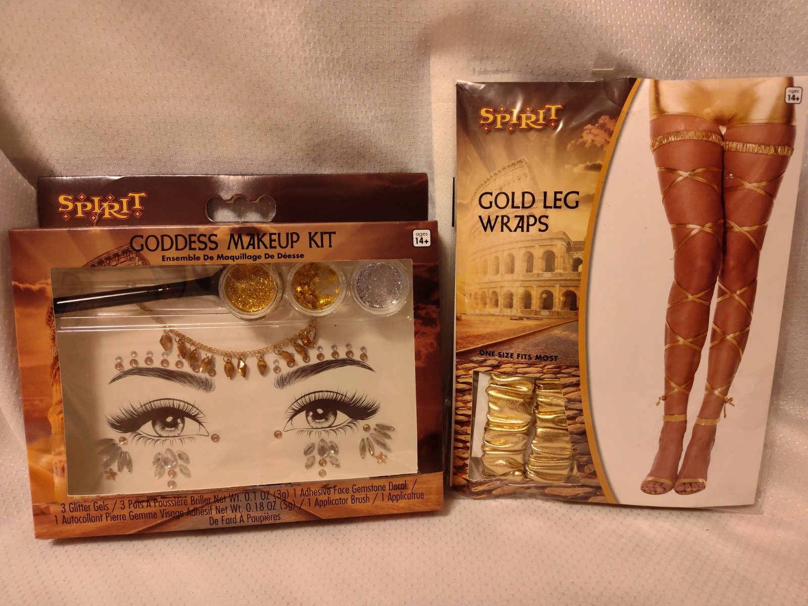 Spirit Halloween Sexy Lady Costume*Makeup Faux Gems*Gold Leg Wraps/Garters*