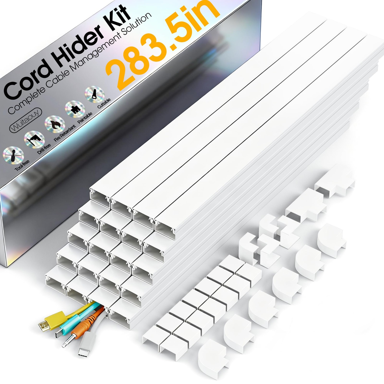 283.5in White Cable Raceway Cord Cover for TV  2-4 Wires 0.95in x0.55in