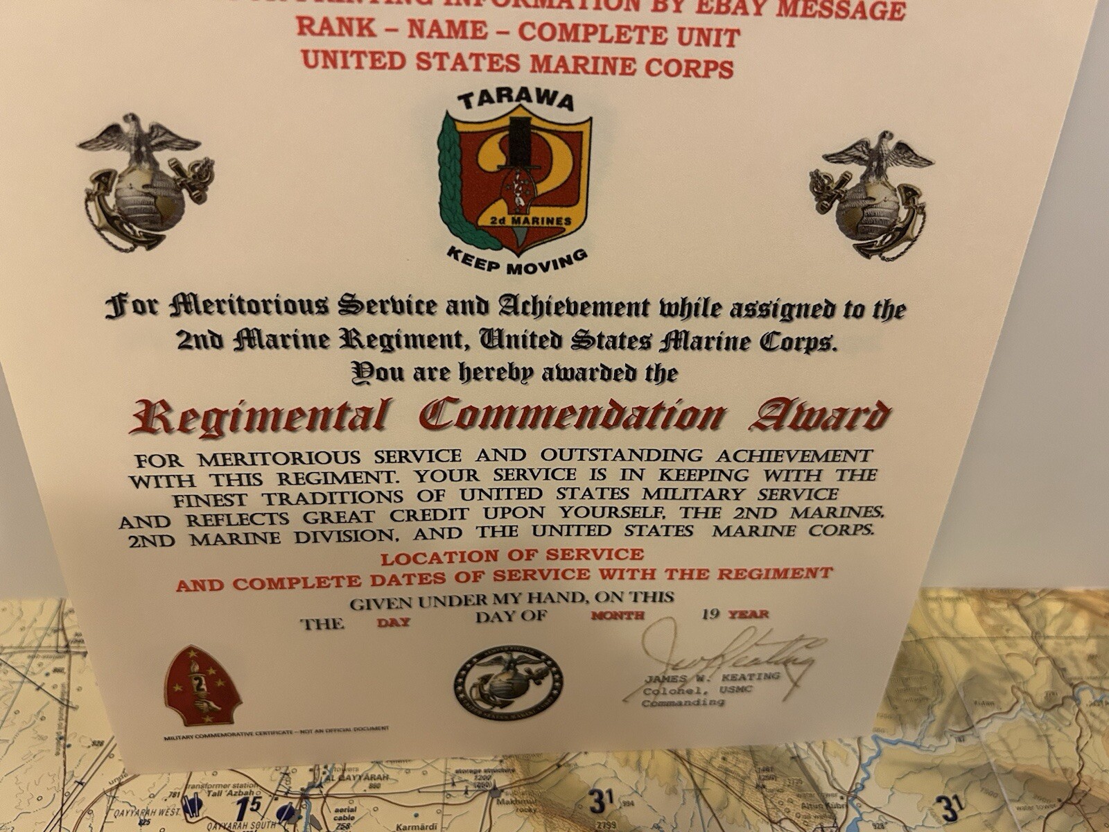 U.S.M.C. / 2ND MARINE REGIMENT - REGIMENTAL COMMENDATION AWARD CERTIFICATE