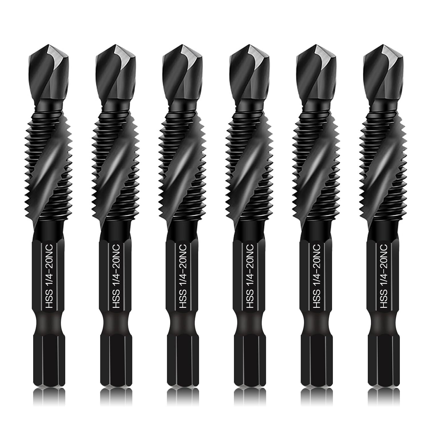 6-Piece 1/4-20NC Combination Drill Tap Bit Set SAE, Made of High-Speed Steel