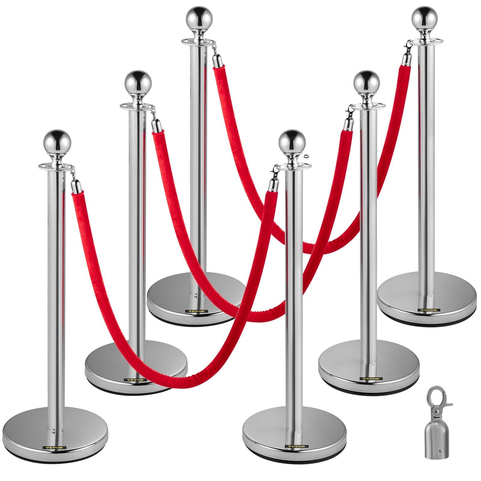 6-Pack Stainless Steel Line Dividers w/ 5ft Red Velvet Ropes & Rubber Bases
