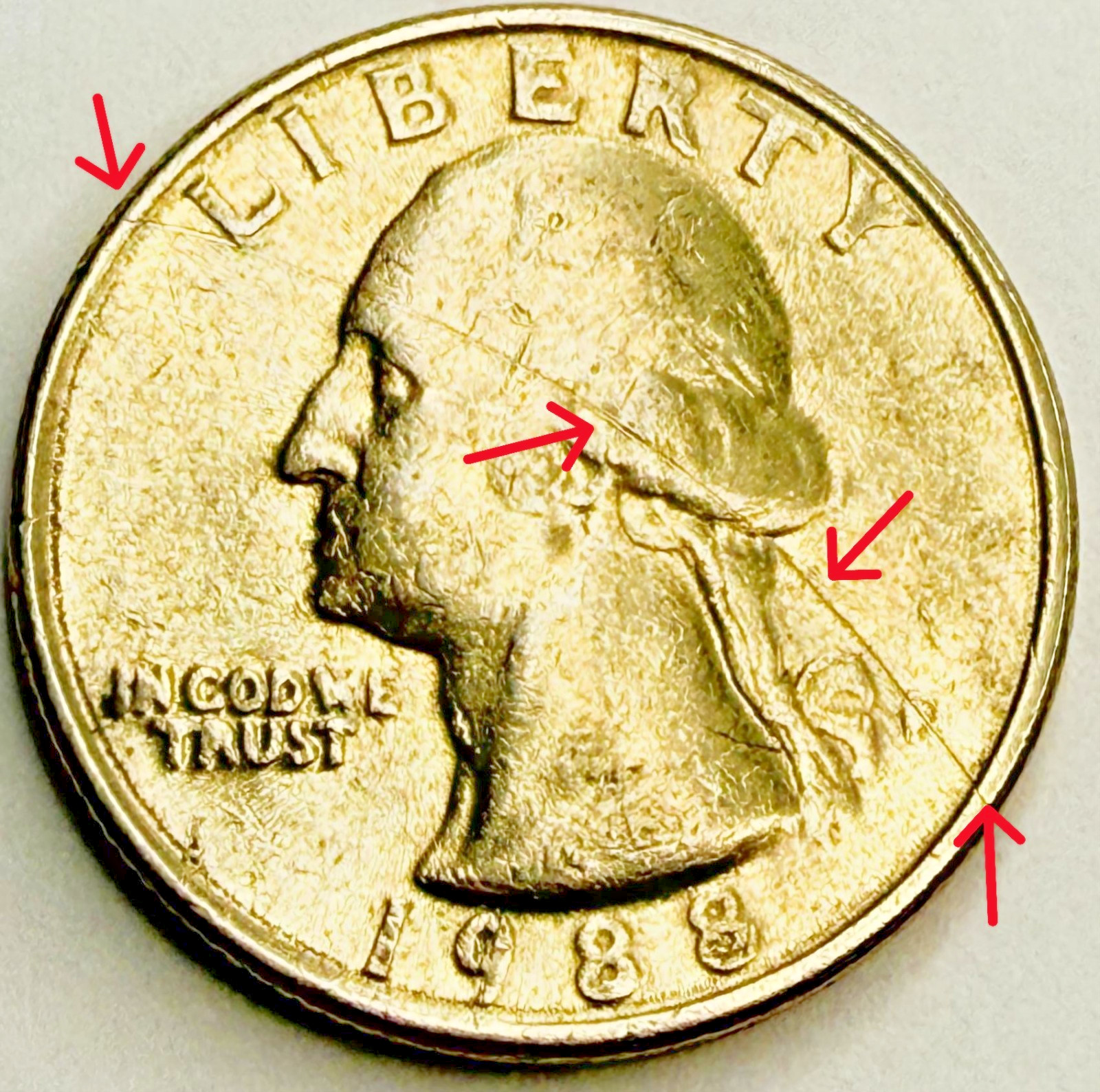 1988-P Washington Quarter-Prominent Die Crack Across Obverse