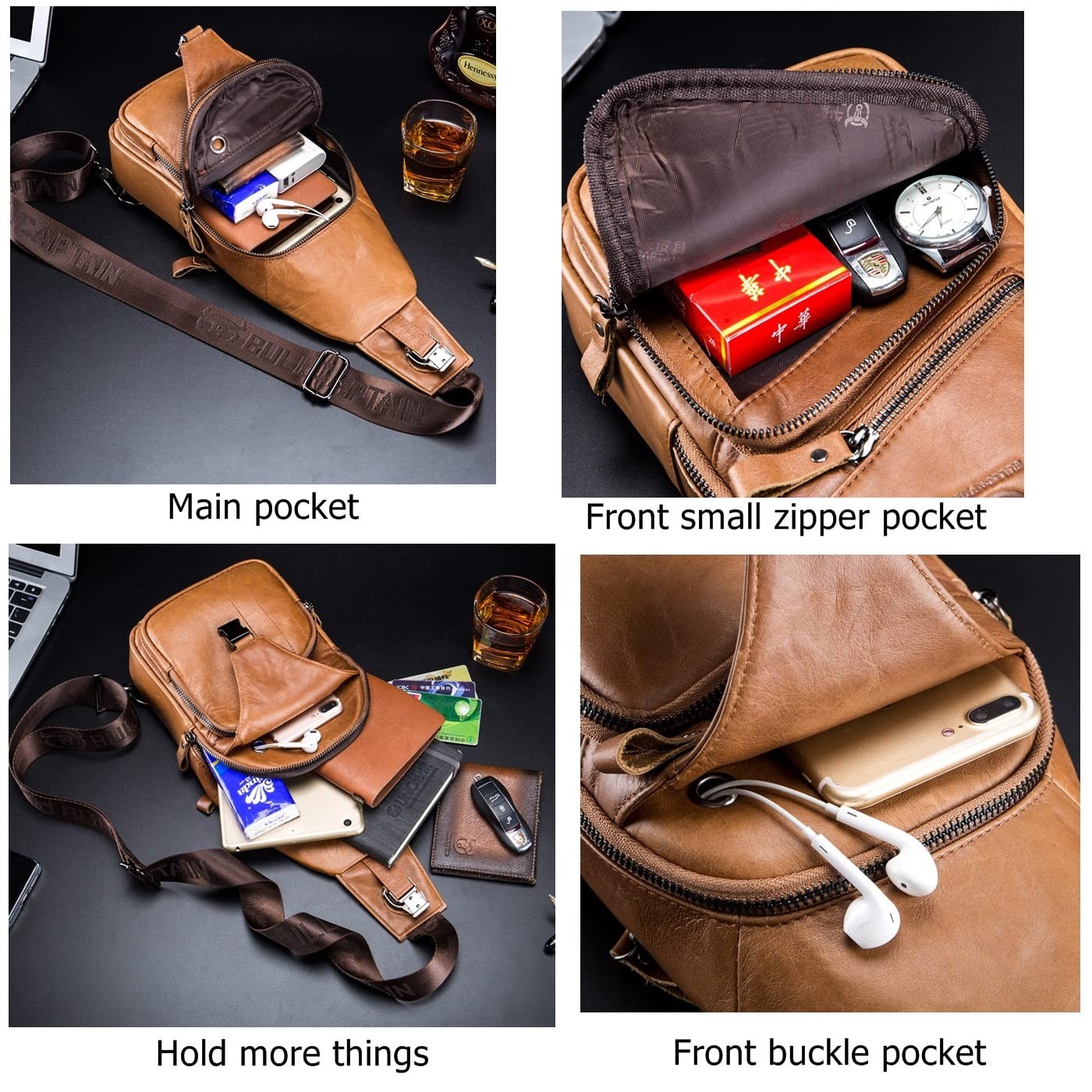 Men Sling Chest Bag Genuine Leather Casual Multipurpose Crossbody Shoulder Ba...