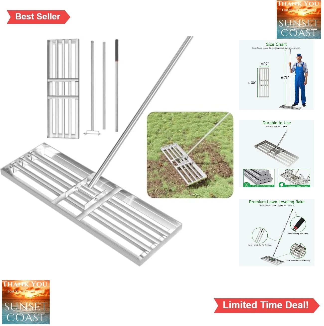 Lawn Leveling Rake 30" x 10" Stainless Steel 78" Long Handle for Soil Sand Yard