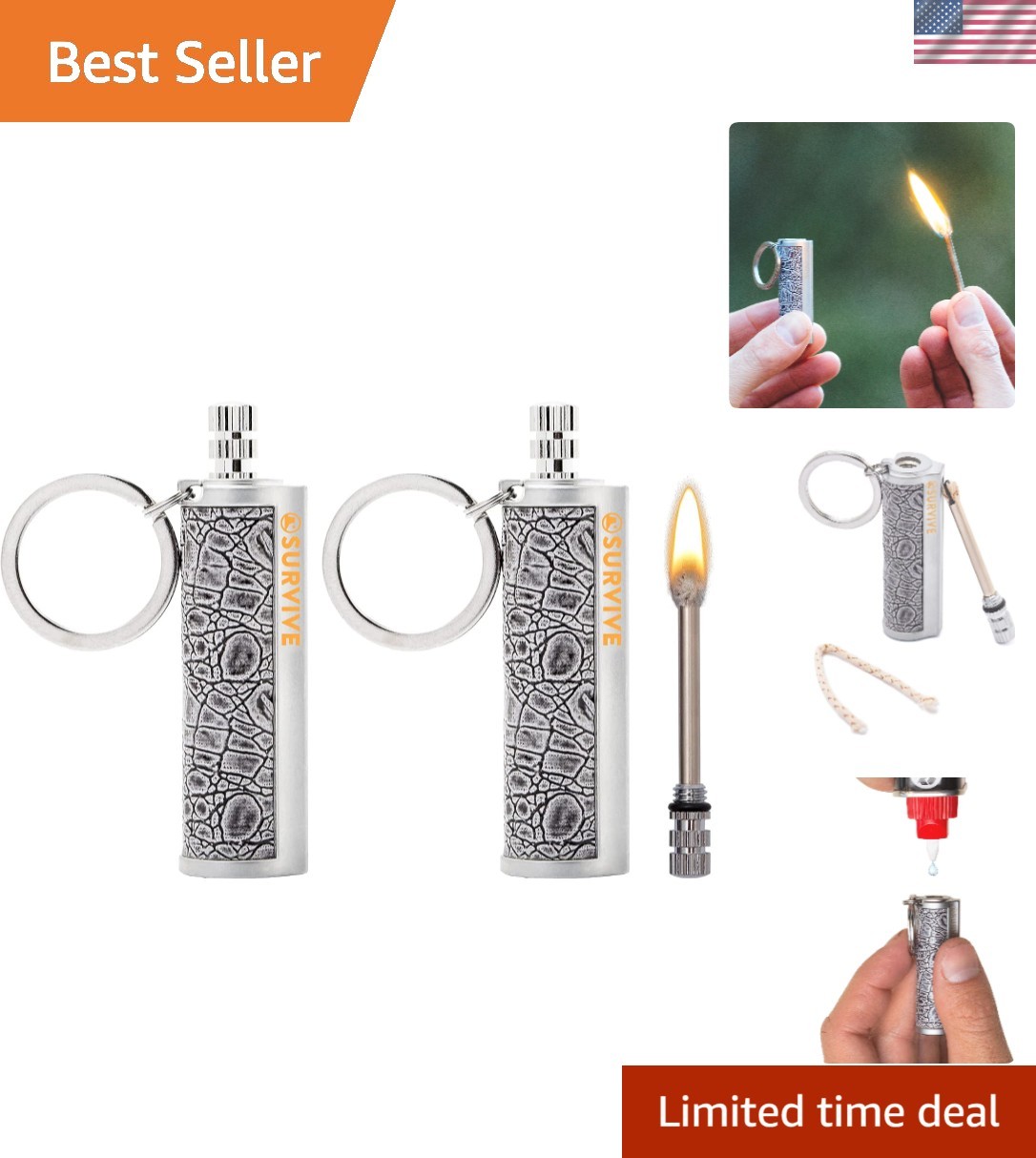 Permanent Match Metal, 2 Pack, Reusable Survival Fire Starter Lighter, Emerge...