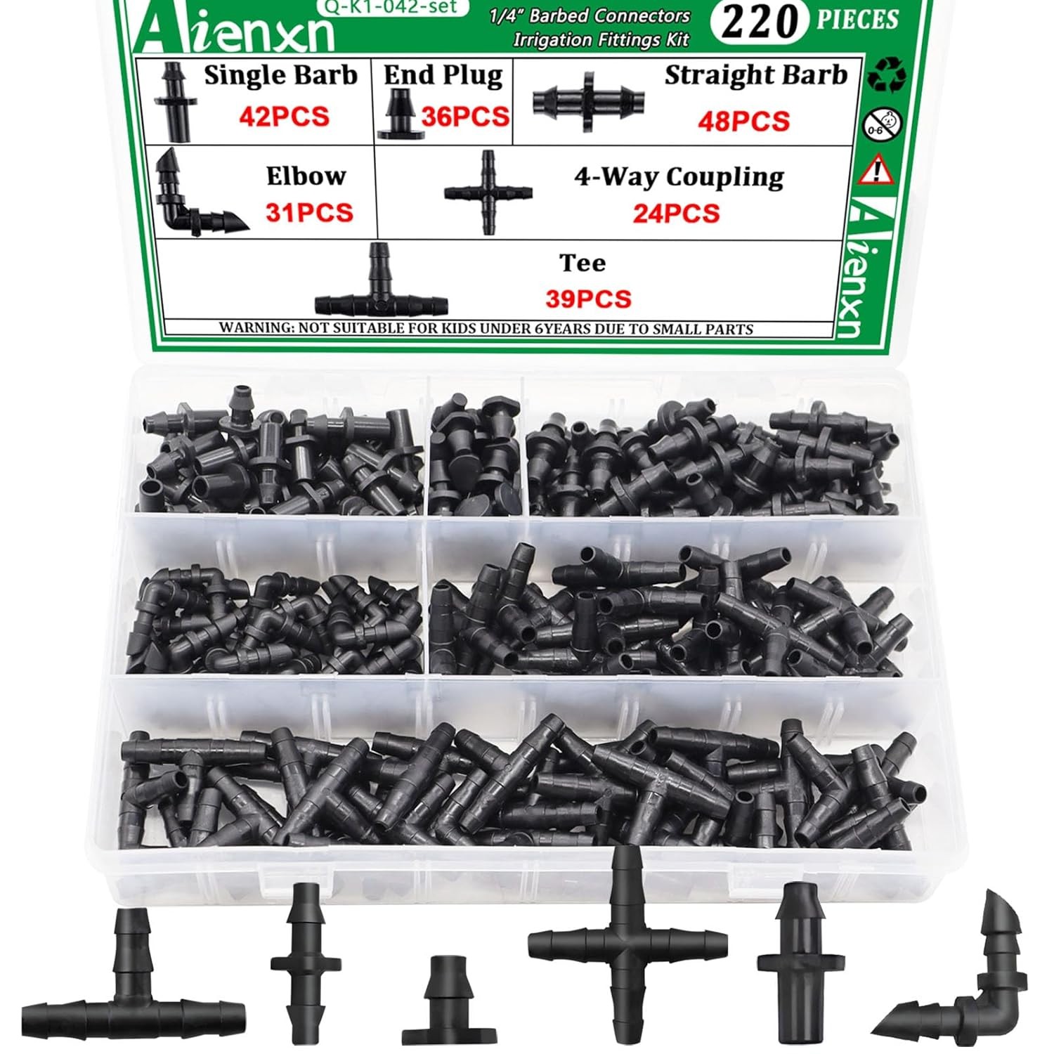 220PCS 1/4" Drip Irrigation Kit Barbed Connectors, Straight Barb, Tee, 220pcs