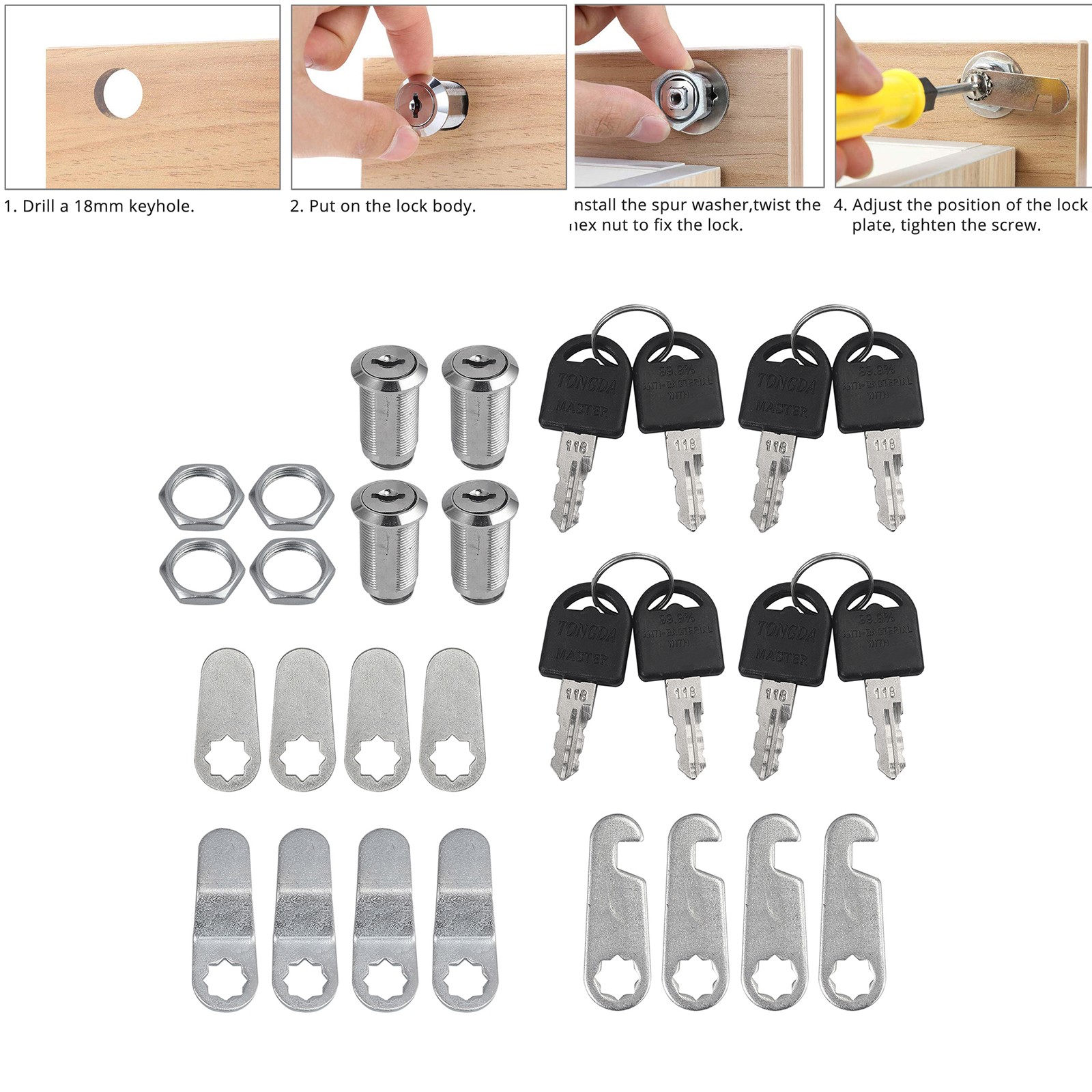 4x 30mm Cam Lock Door Barrel Drawer Cabinet Mail Box Locker Cupboard with 8 Keys