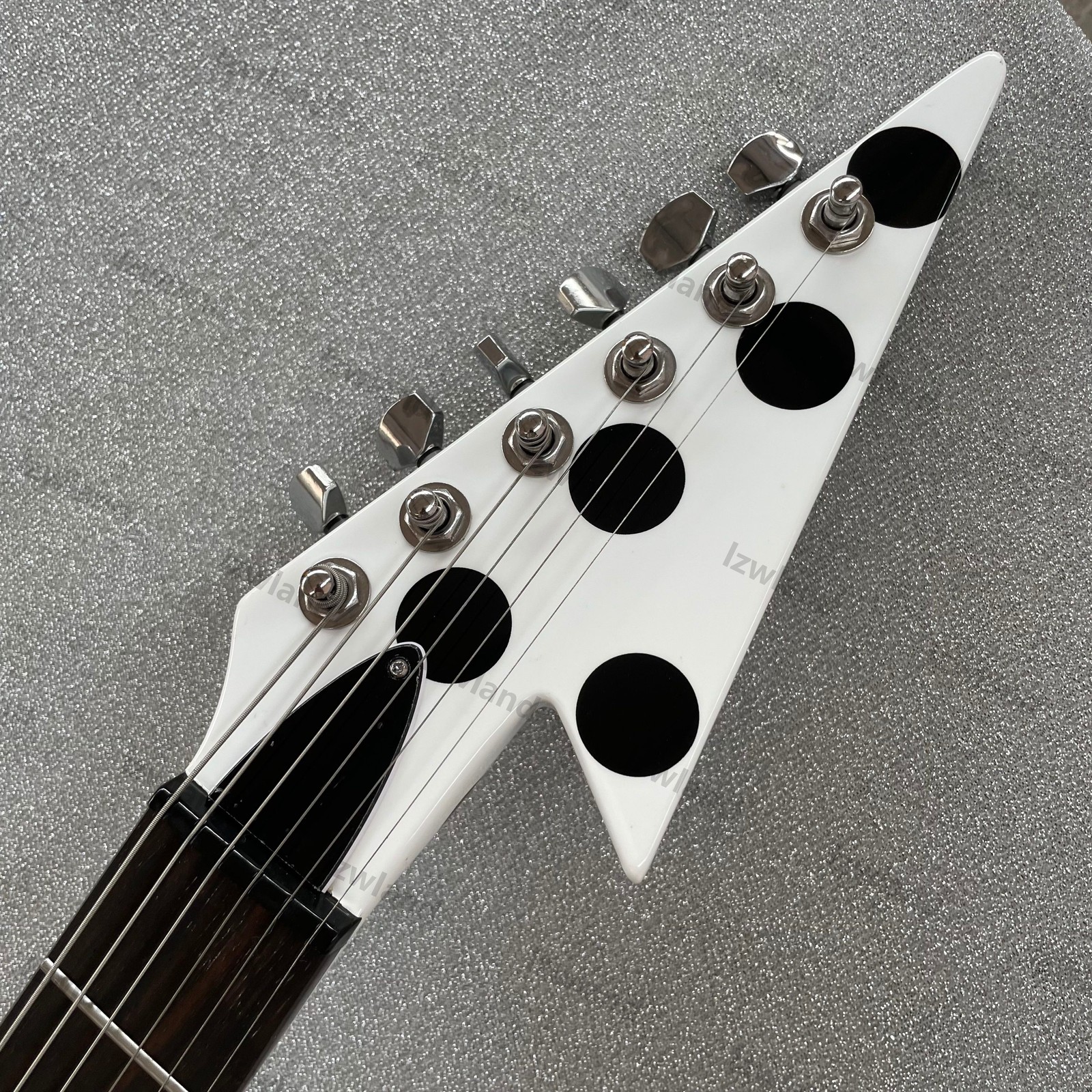 V Shape Electric Guitar H-H Pickups Black Polka Dot White Finish Chrome Hardware