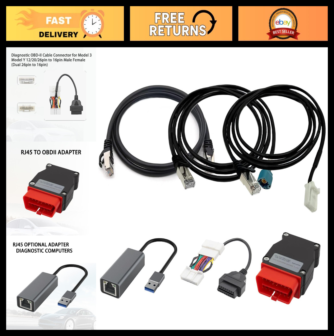 6 Pcs OBD2 Diagnostic Cable Set for Tesla Model 3 Y S X RJ45 USB Adapter Tools