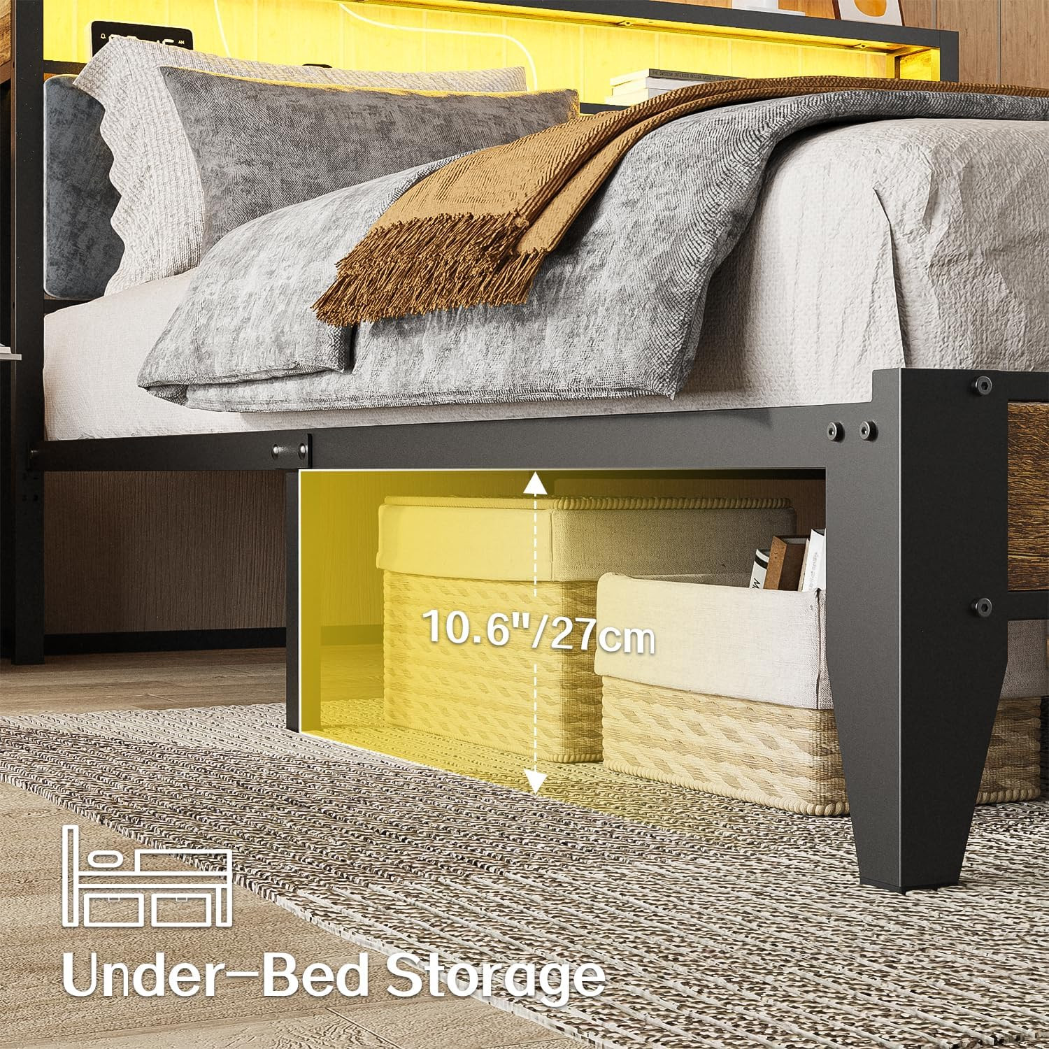 King Bed Frame with Headboard, Metal Platform Bed King Size with 2-Tier Storage,