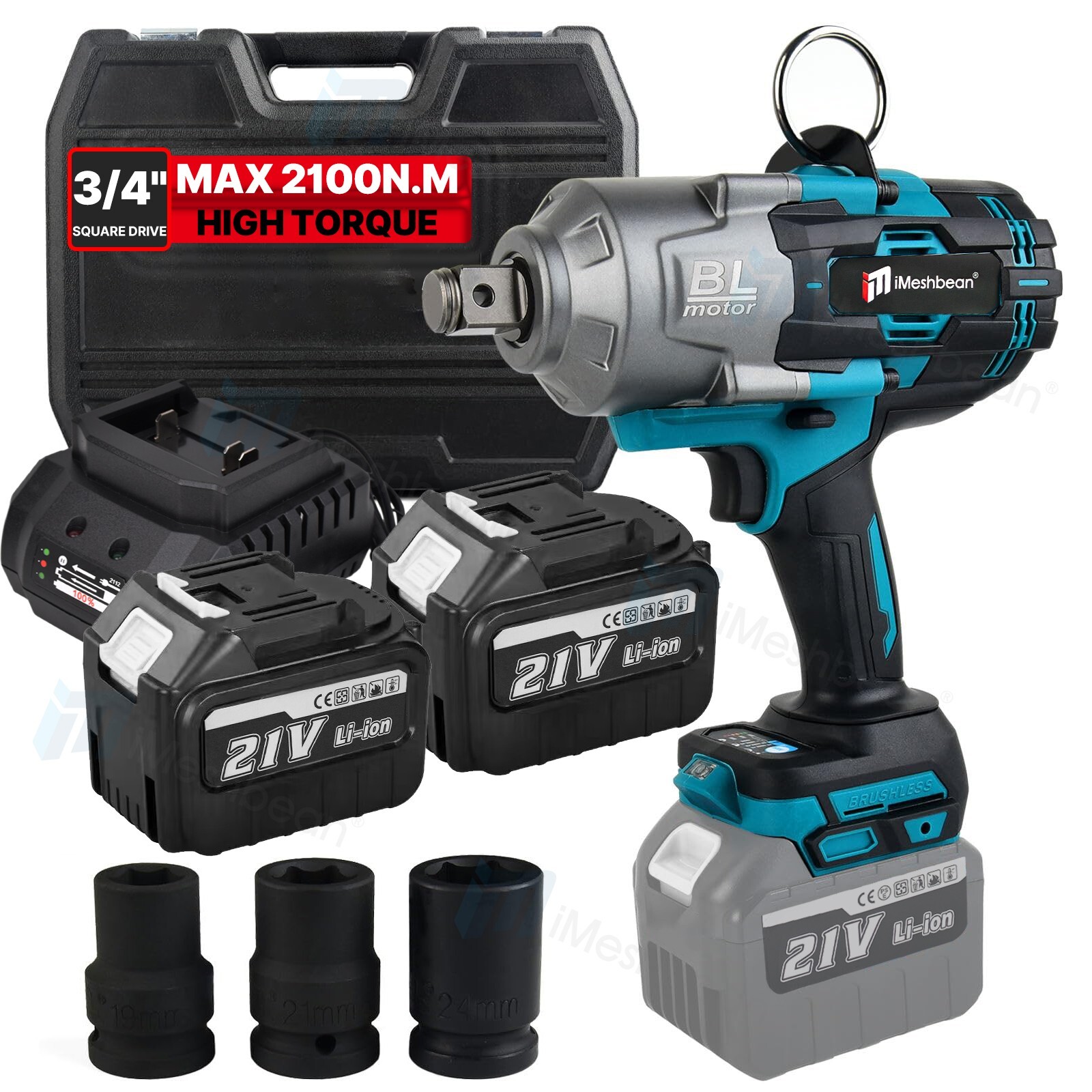 Cordless 3/4" High Torque Electric Impact Wrench 1549Ft-lbs 2100Nm 2X8Ah Battery