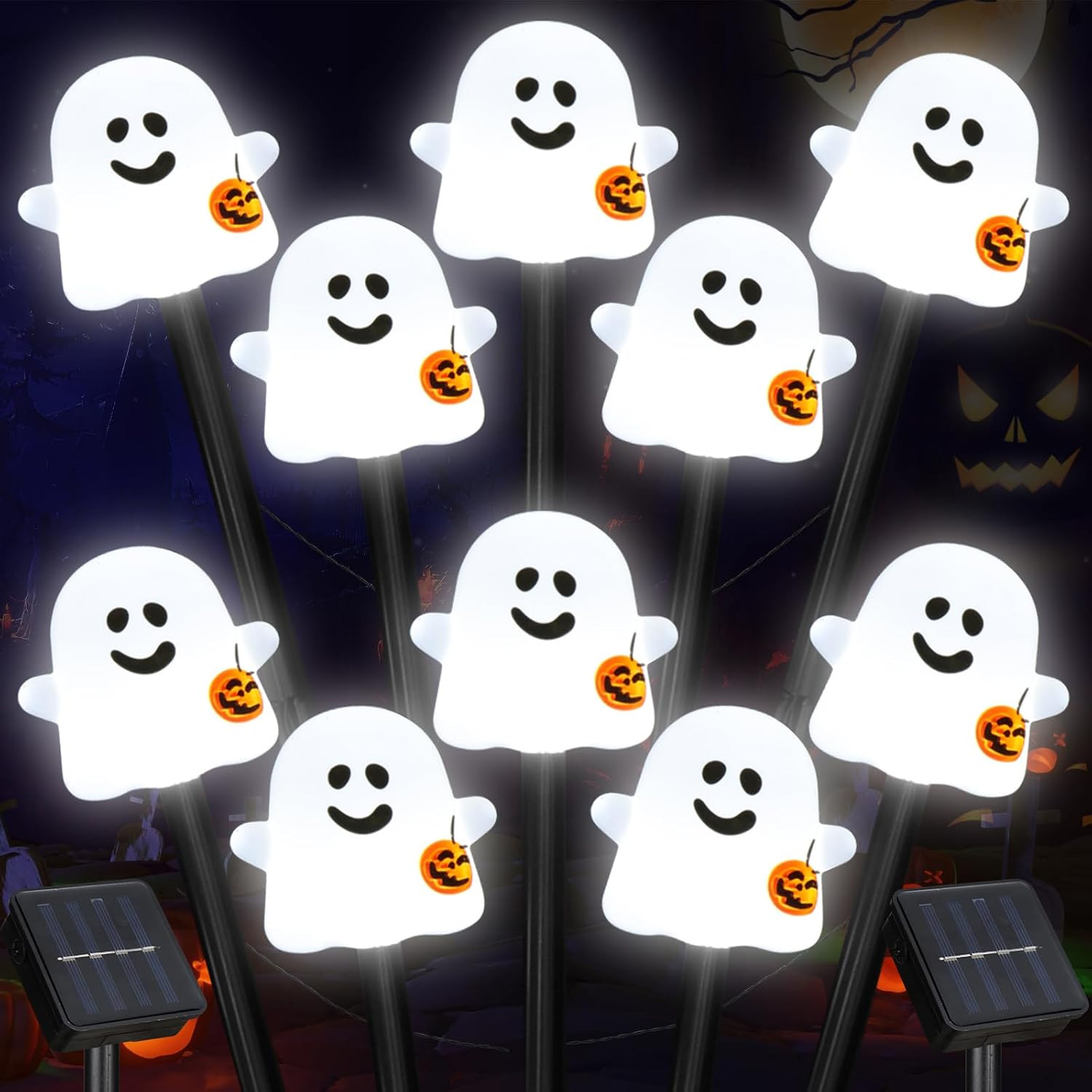 Solar Halloween Ghost Pathway Lights, 10 Pack Ghost Stake Lights with Pumpkin De