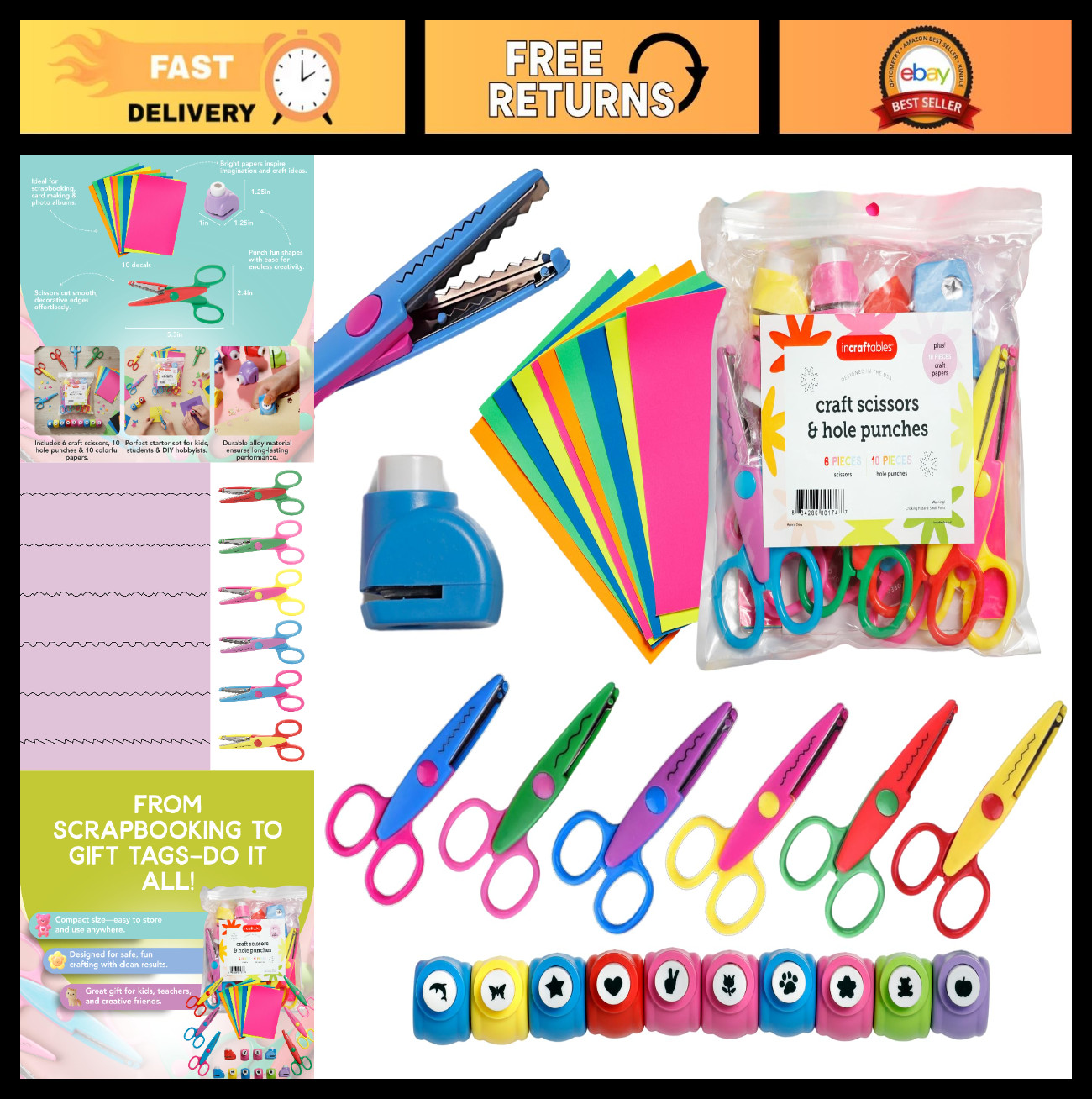 26-Piece Craft Scissors Set with Paper Hole Punch & Decorative Cutting Edges