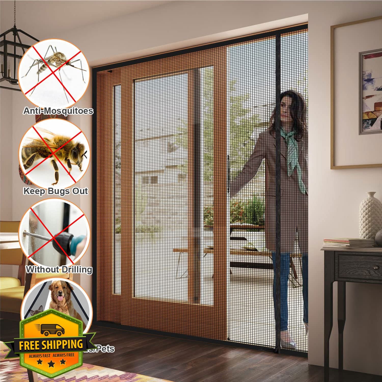 Risareyi Magnetic Screen Door 34x76 Black Fiberglass, Side Opening Mesh