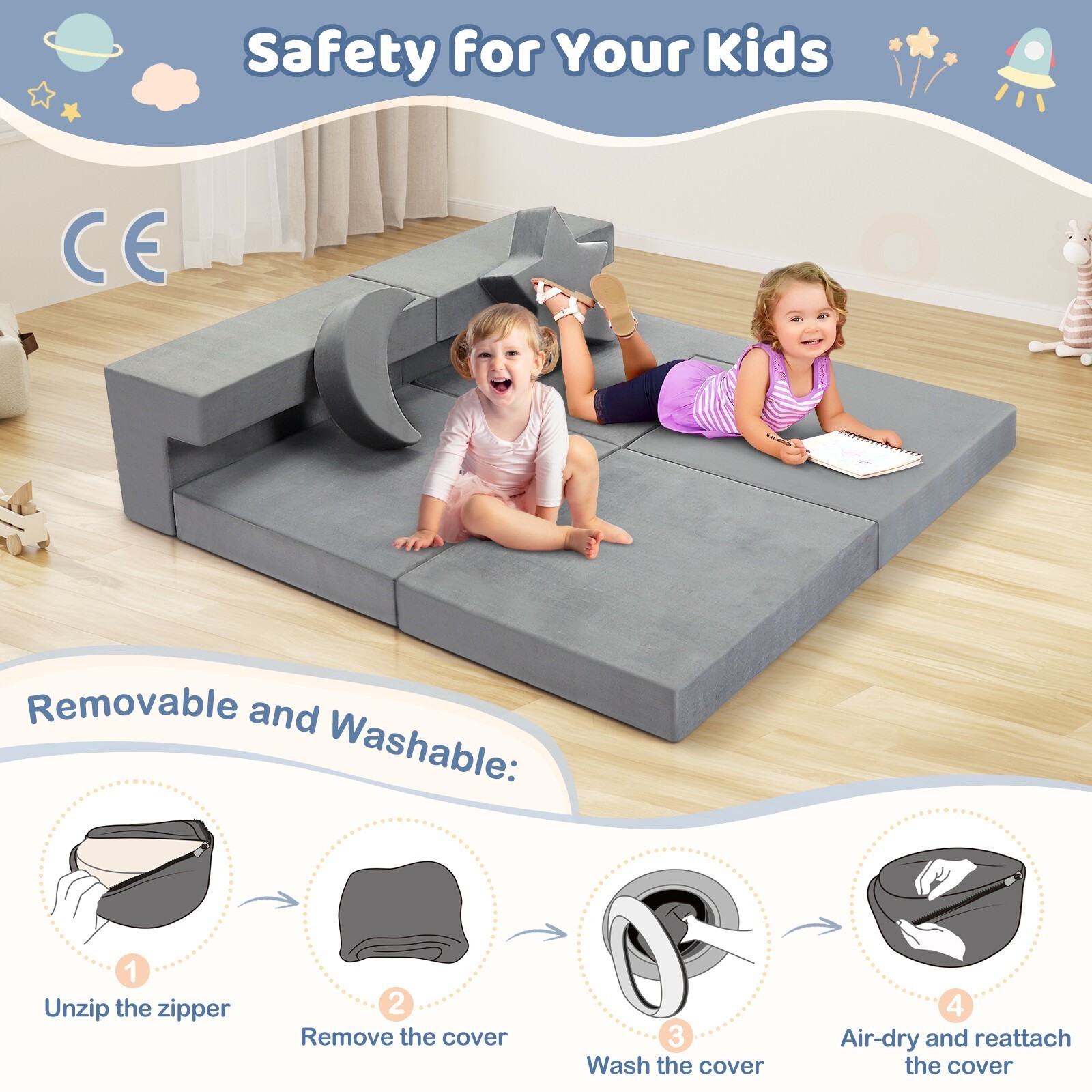 Modular Kids Play Couch for Playroom Bedroom, 9 in 1 Gray, Kids Large Game Toy