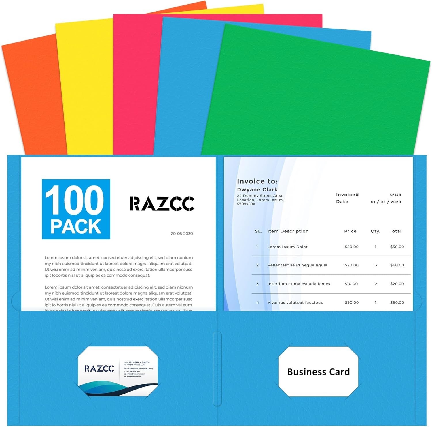 Assorted Color Two Pocket File Folders - 100 Pack for Secure Document Storage
