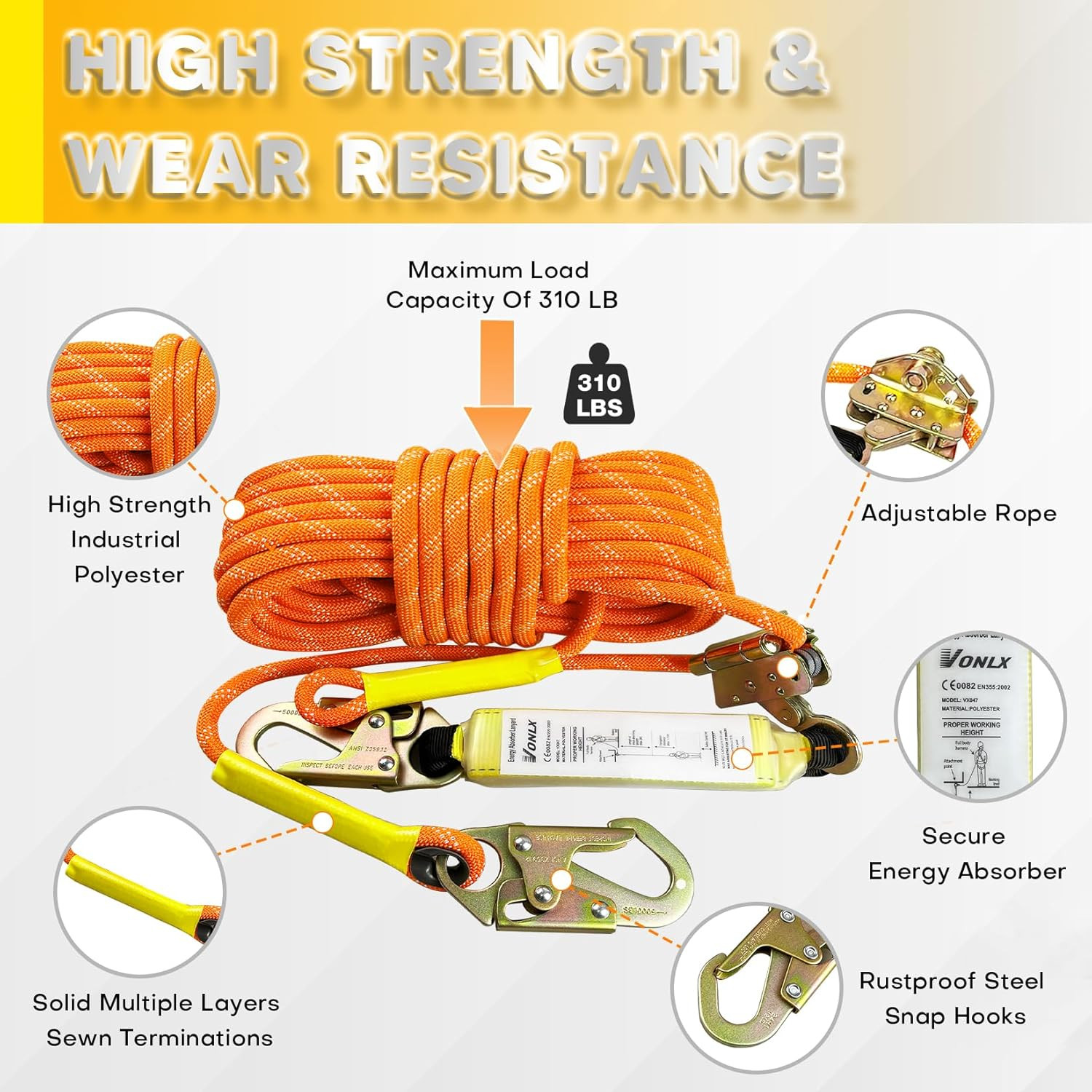 Fall Protection Safety Rope 50FT Heavy Duty Vertical Roofing Ropes