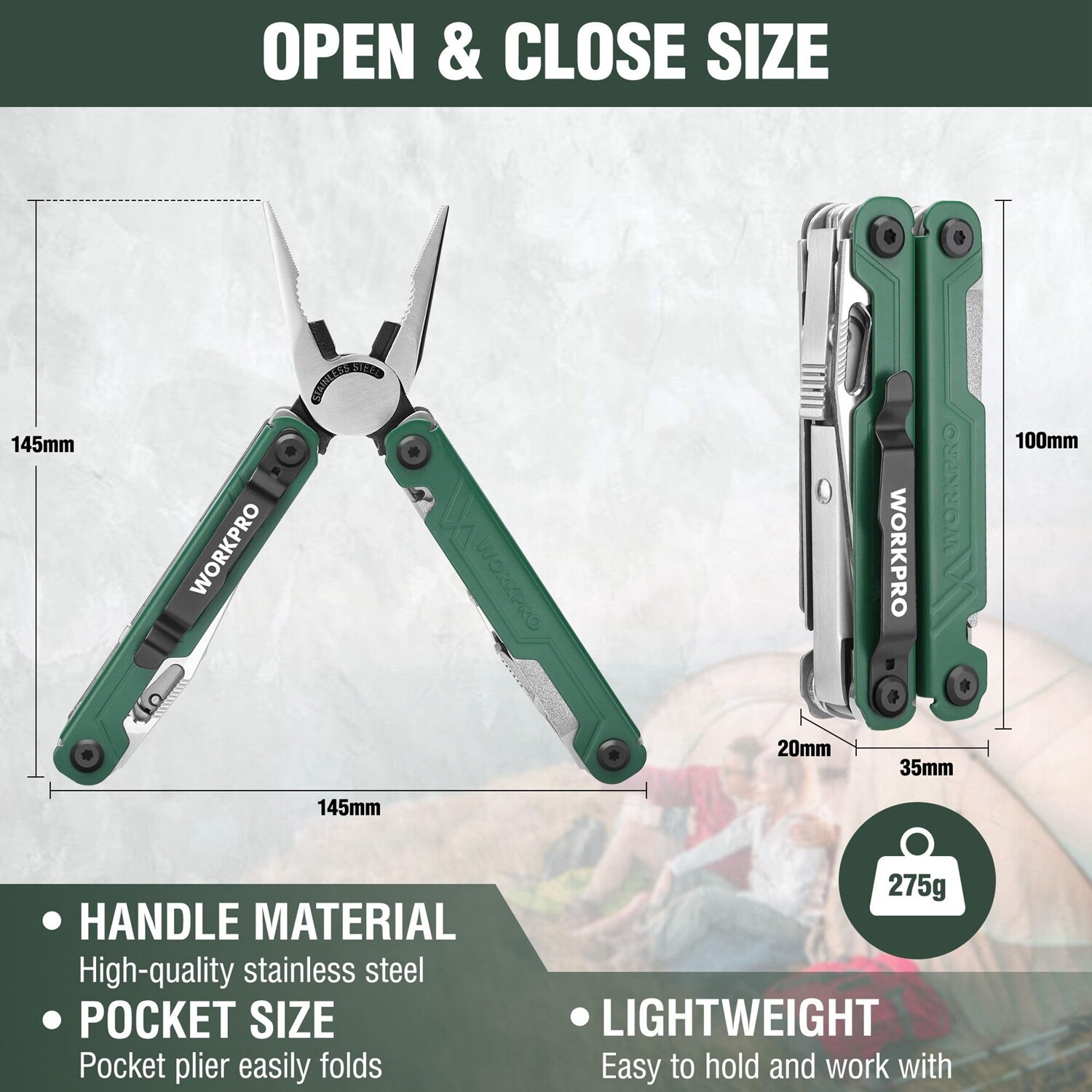 WORKPRO 18-in-1 Multitool Plier EDC Multi Tool w/ 2 Safety Lock Stainless Steel