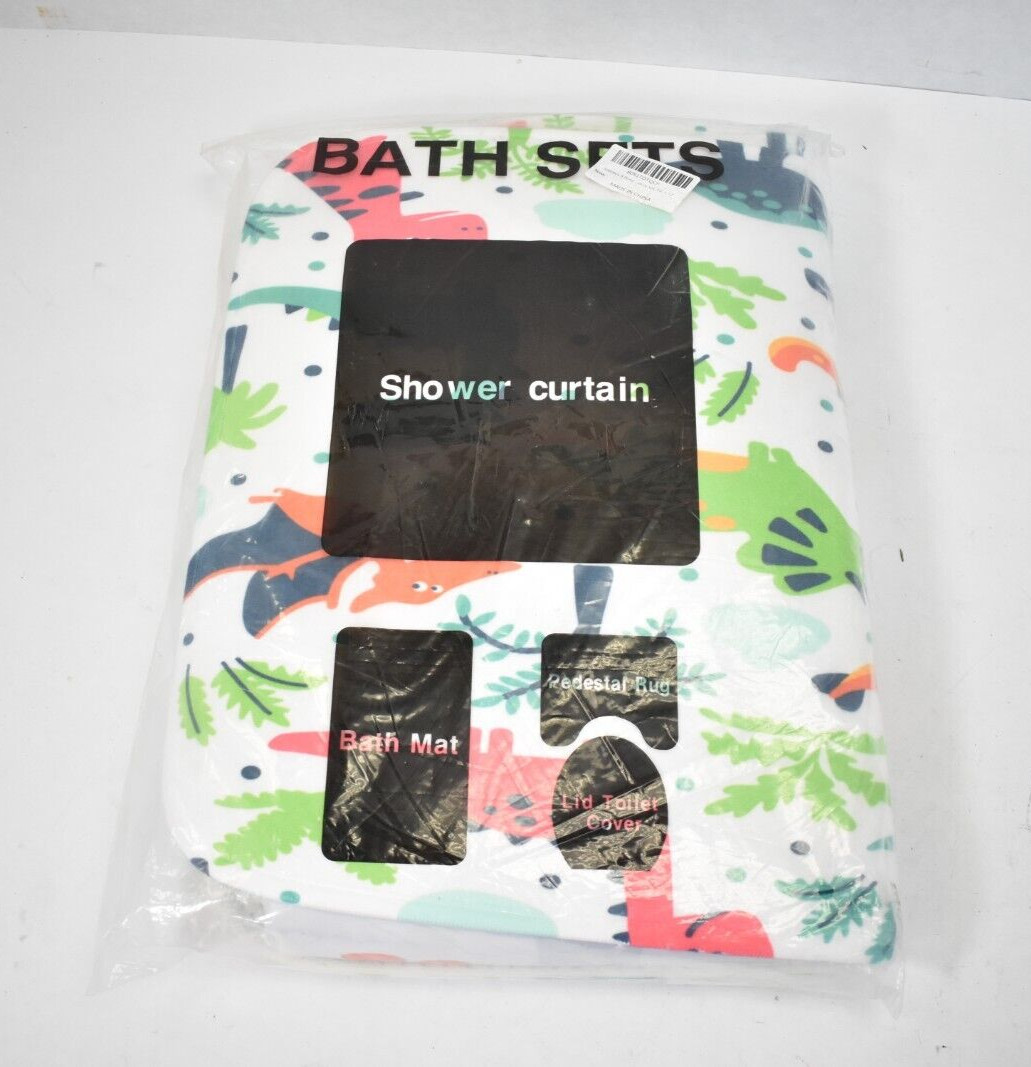 Britimes 4 Piece Shower Curtain Sets Tropical Dinosaur Design Non Slip Rugs