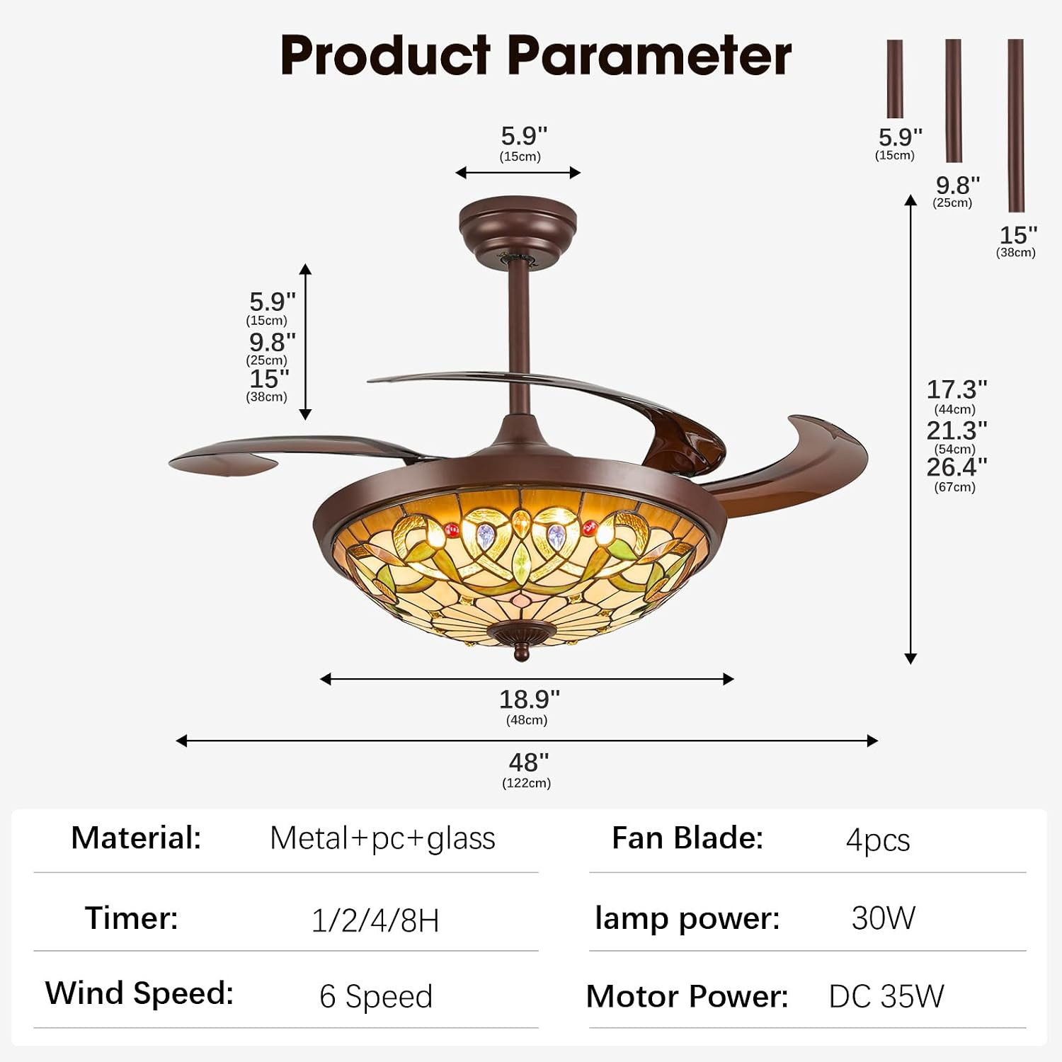 Ceiling Fan with Light - 48" Retractable Ceiling Fan Chandelier Fan, App Control
