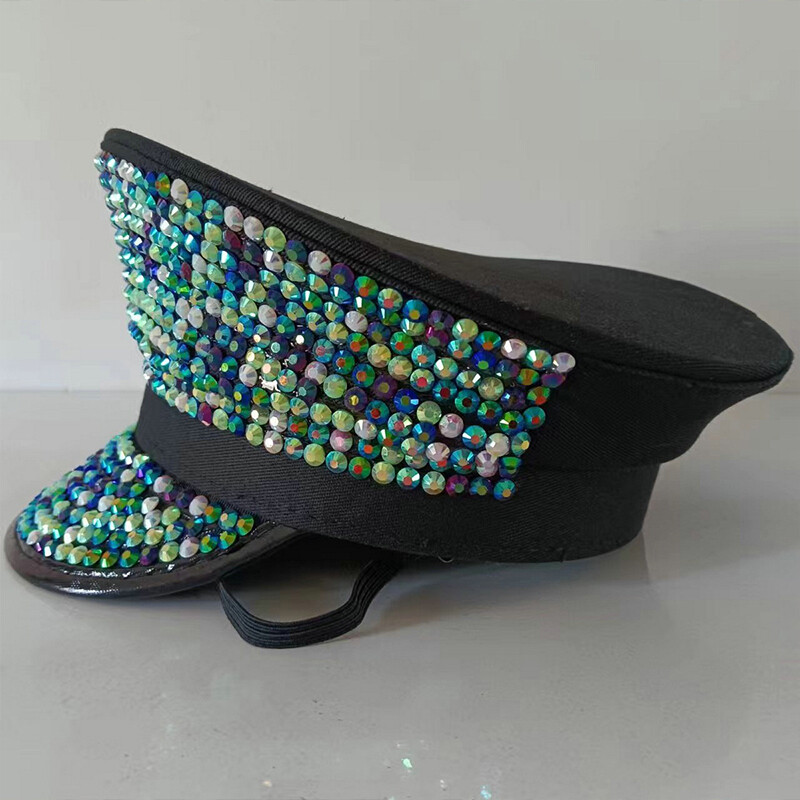 Black Sequin Shinny Rhinestones Captain Headwear Music Festival Party Hat