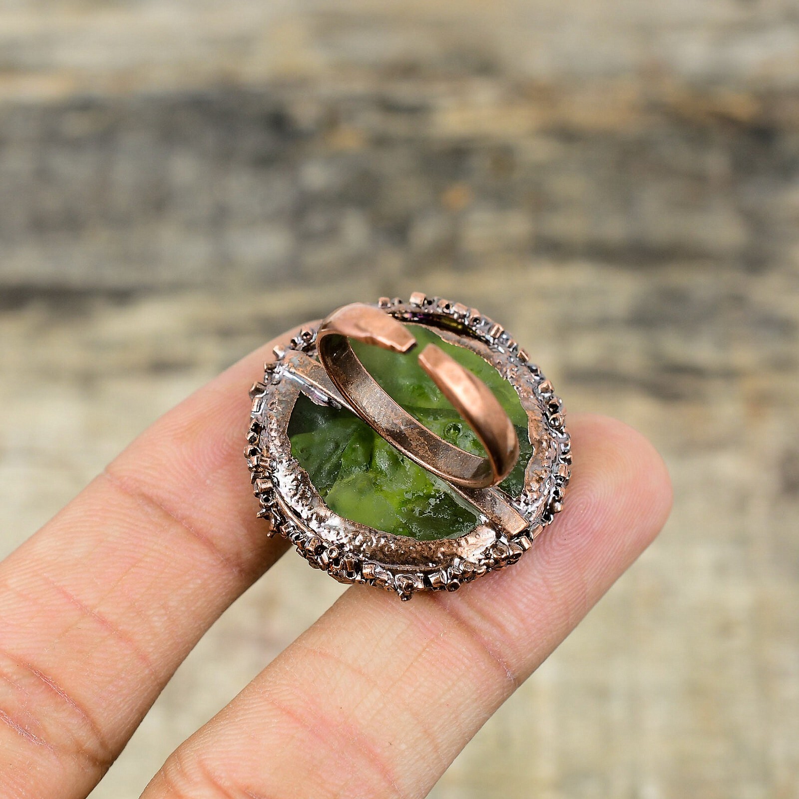 Moldavite Electroformed Solitaire Adjustable Ring Size Adjustable Copper