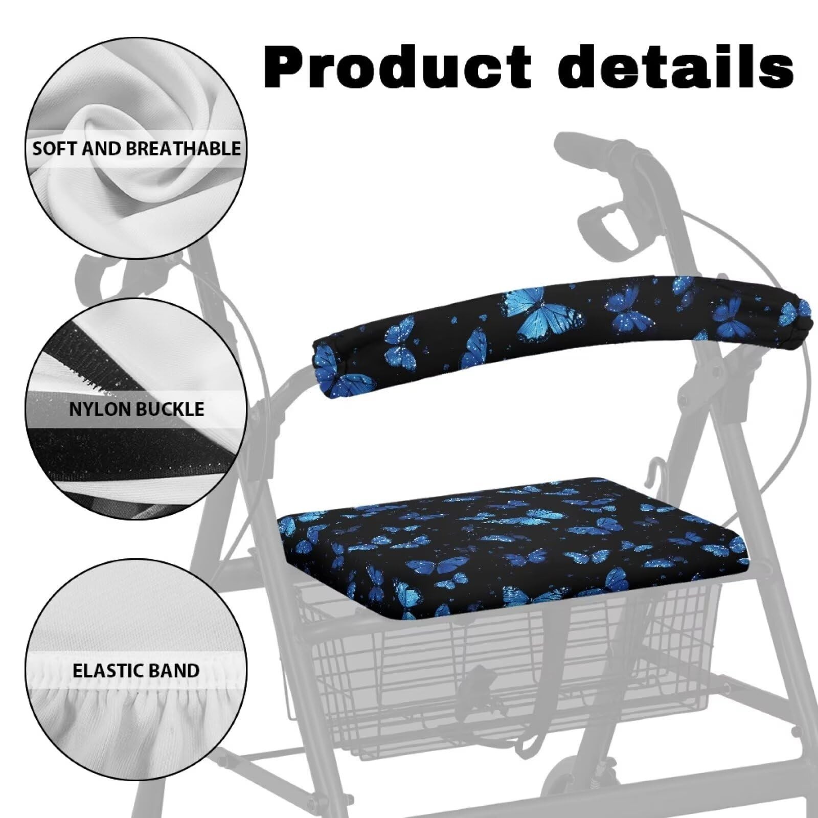 Blue Butterfly Rollator Seat Cushion Back Bar Cover Set Rollator Walker Acces...