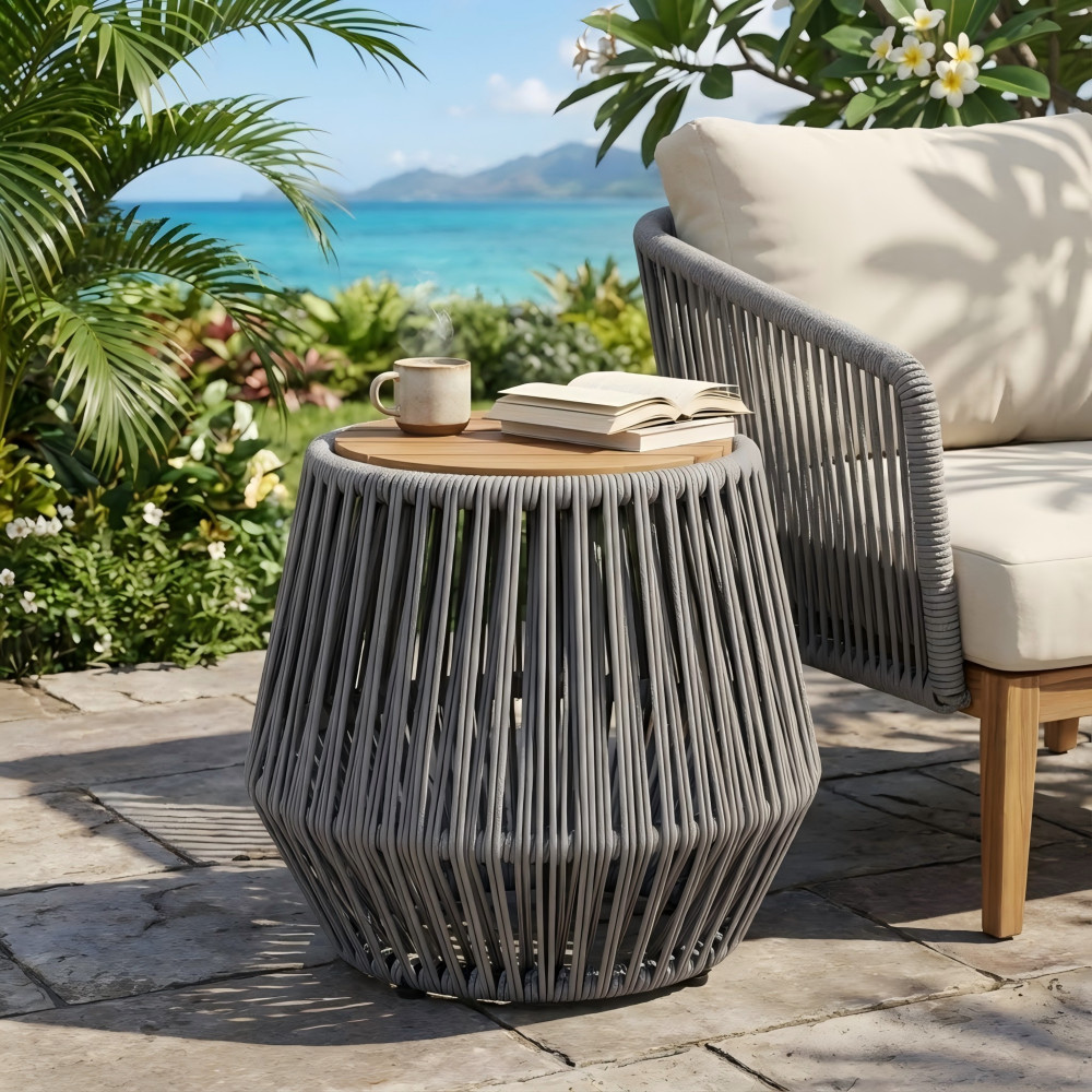 Acacia Wood Side Table Grey Rope Base Natural Teak Finish Modern Coastal Accent