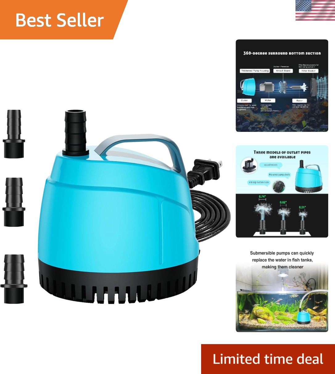 25W Submersible Water Pump: 450GPH for Aquariums, Ponds, Fountains & Hydroponics
