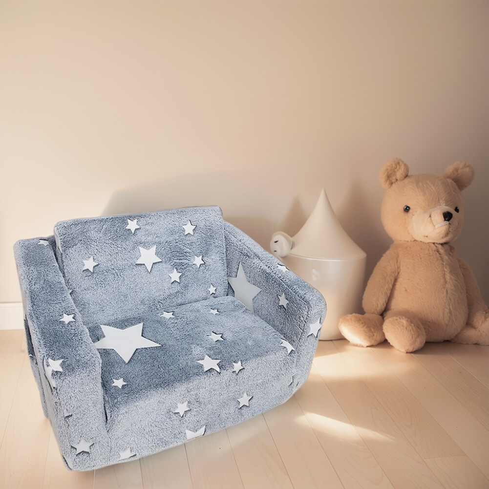 Toddler Kids Couch Convertible Sofa To Lounger for Girls and Boys (Gray Stars)