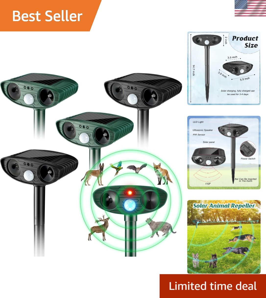 4-Pack Solar Powered Ultrasonic Animal Repellent for Humane Garden Protection