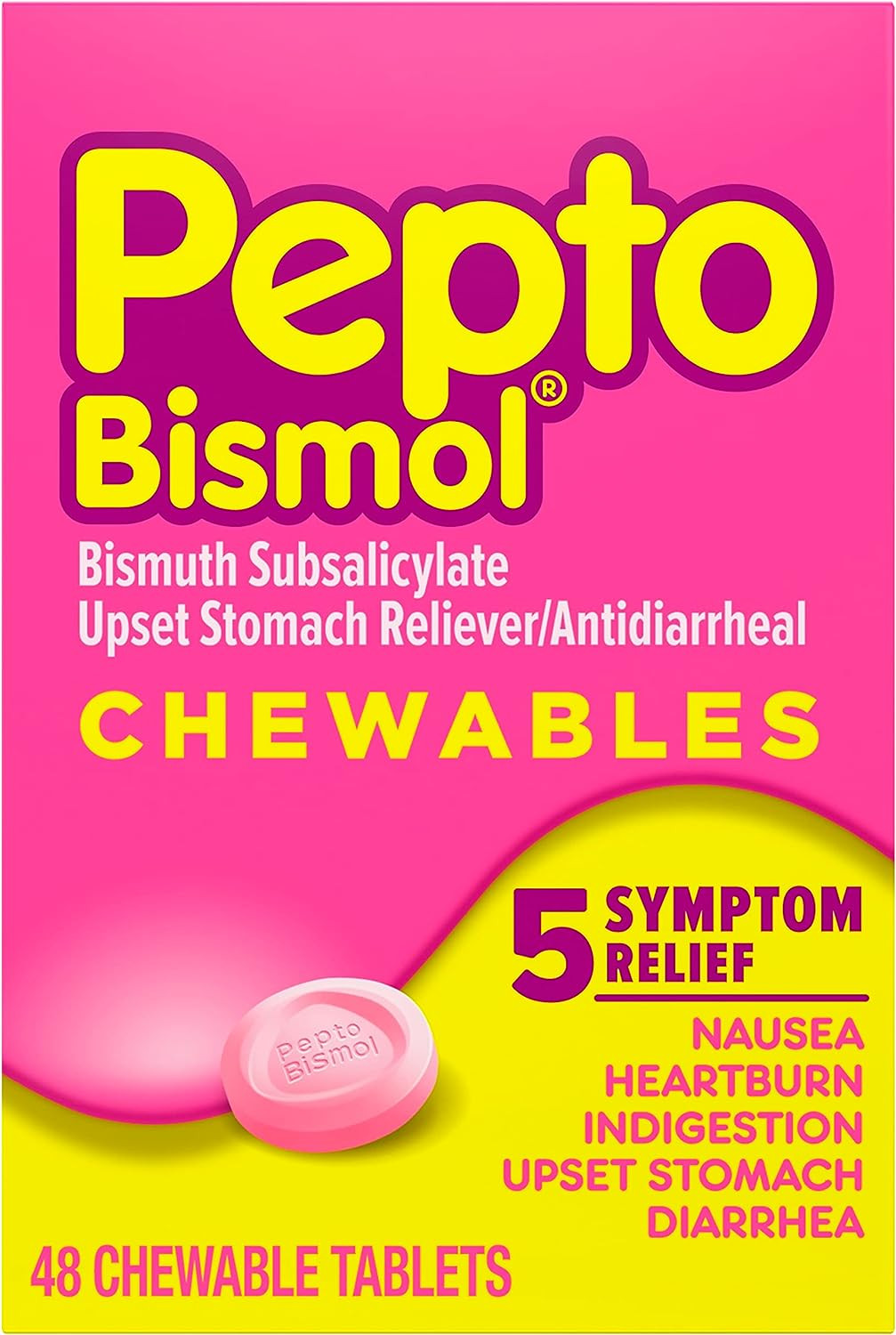 Pepto Bismol Chewable Tablets - 5 Symptom Relief - 48 Count