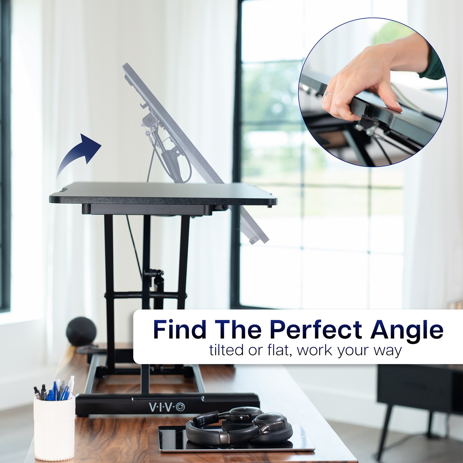 VIVO Black Tilting Height Adjustable 36" Desk Riser, Single Top Converter